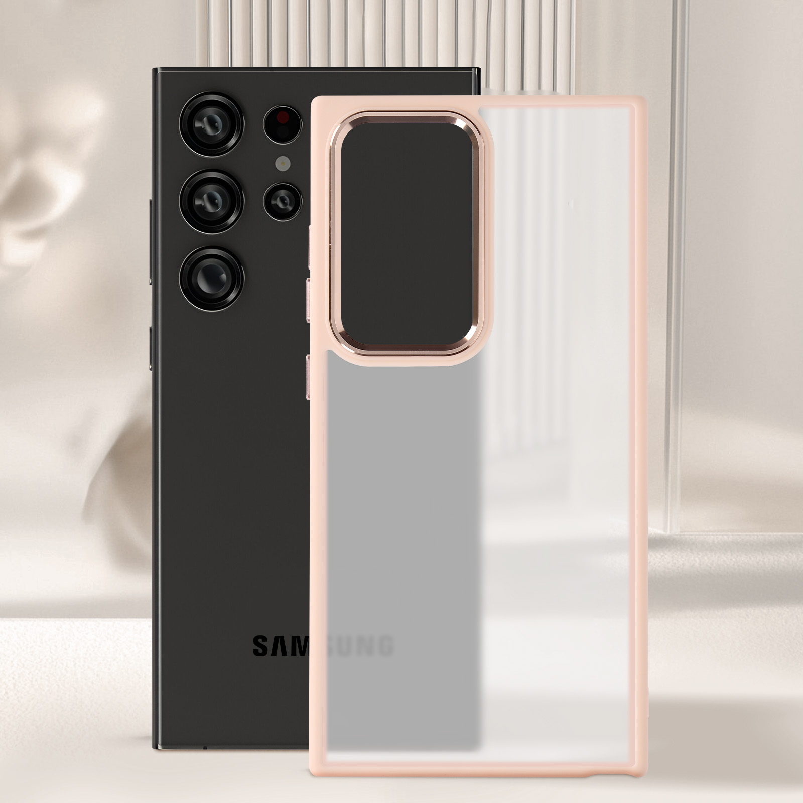 Smartphone nero e custodia trasparente con cornice rosa, su sfondo sfocato.