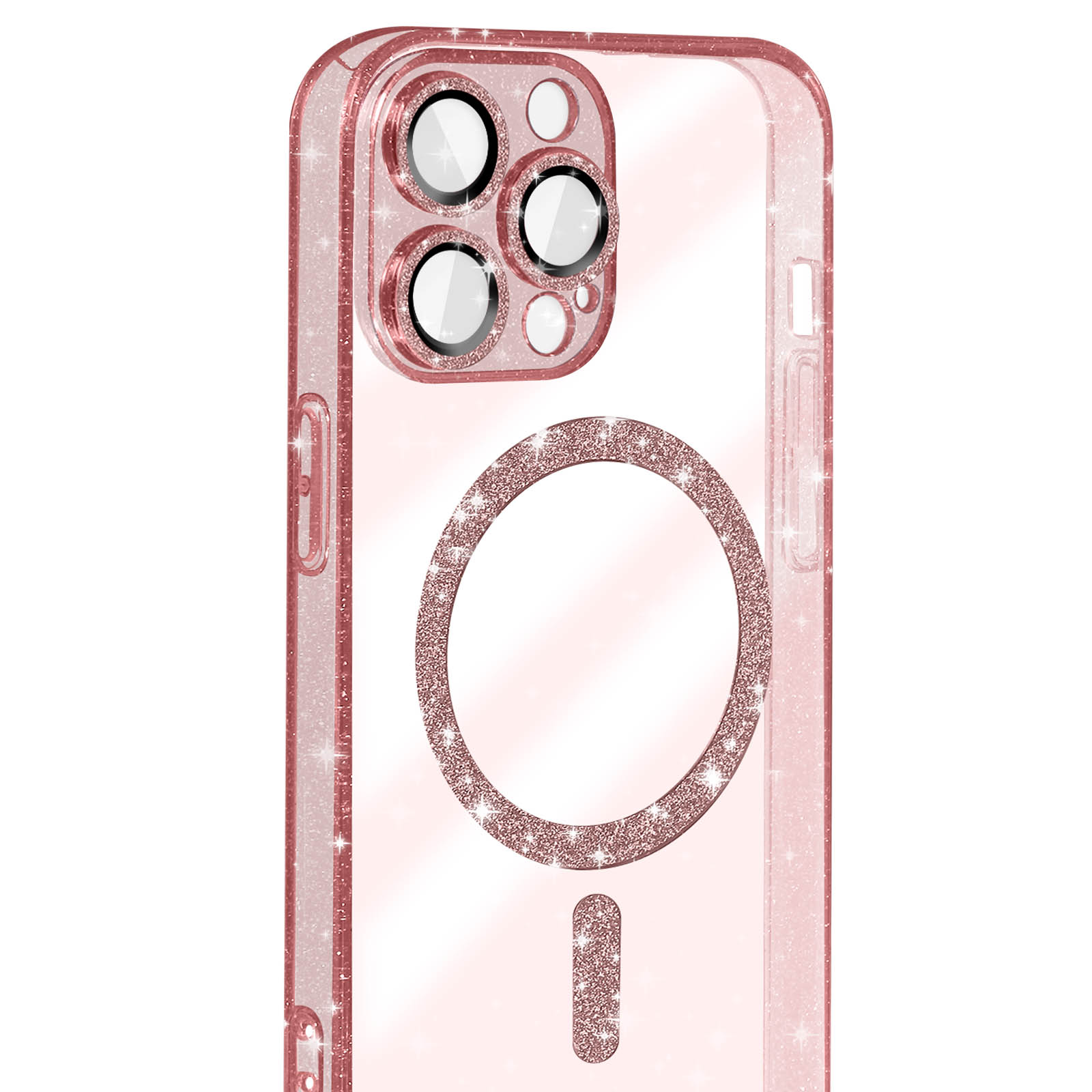 Funda de teléfono rosa brillante con recortes de cámara y un anillo magnético. Fondo transparente.