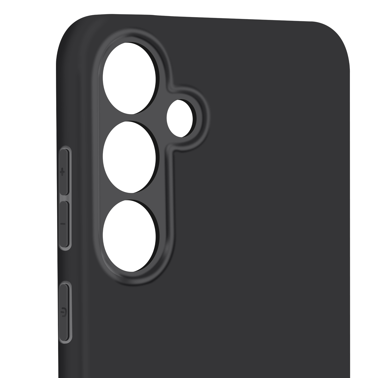 Zwarte telefoonhoes met cameragaten. Drie cameraholes en zijknoppen zichtbaar.