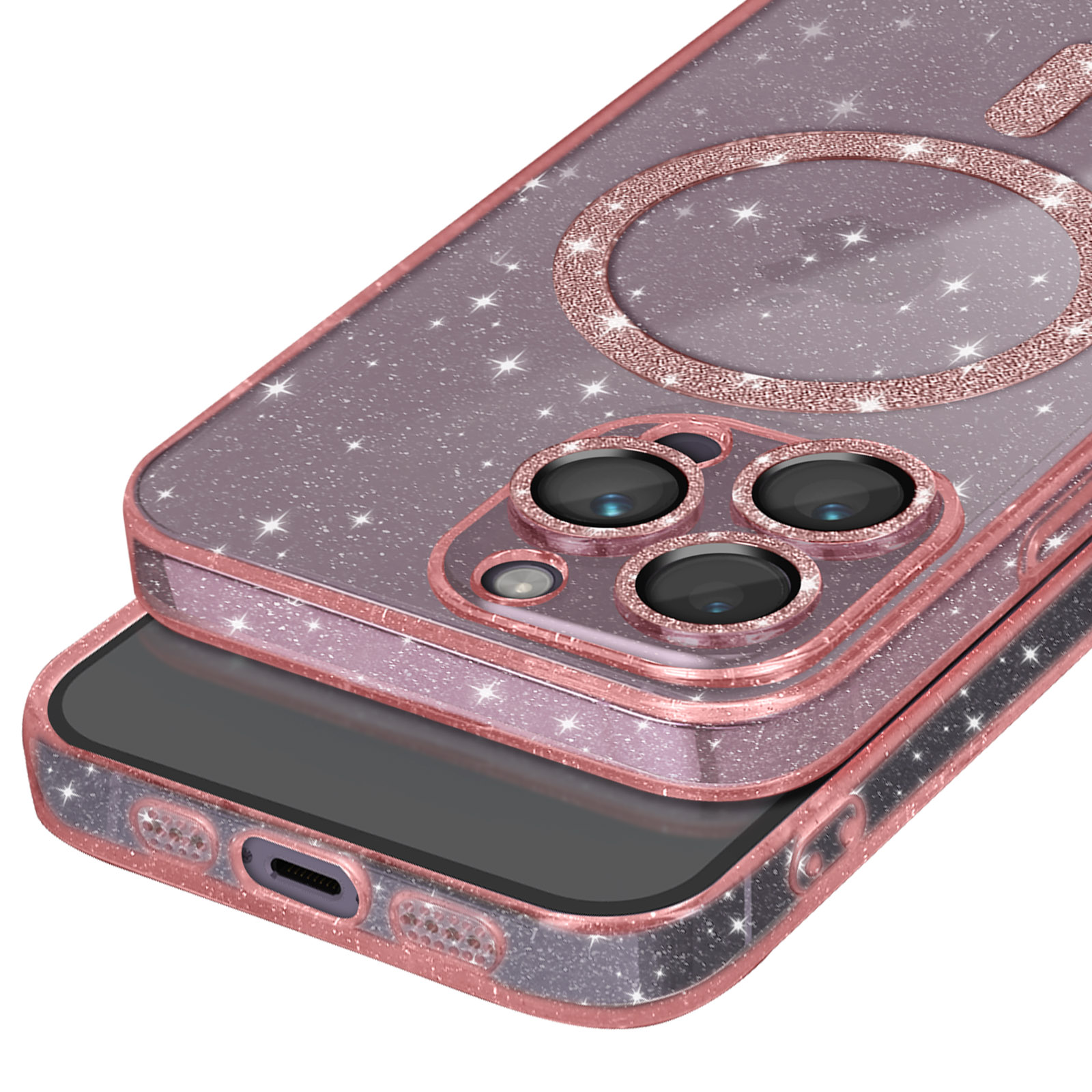 Primer plano de una funda de teléfono con superficie brillante, un anillo para cargar y recortes para la cámara.