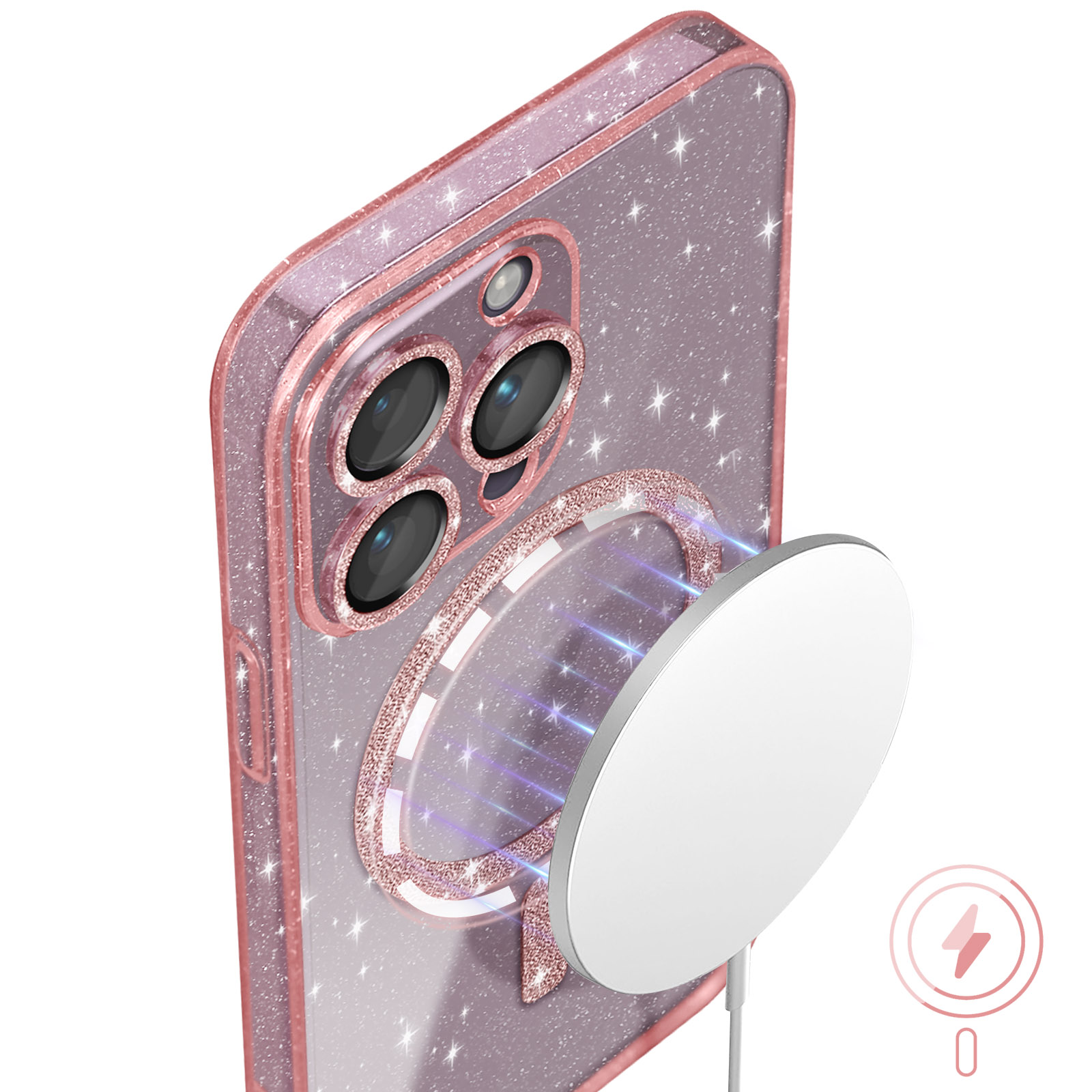 Una funda de teléfono con purpurina y una base de carga circular.
