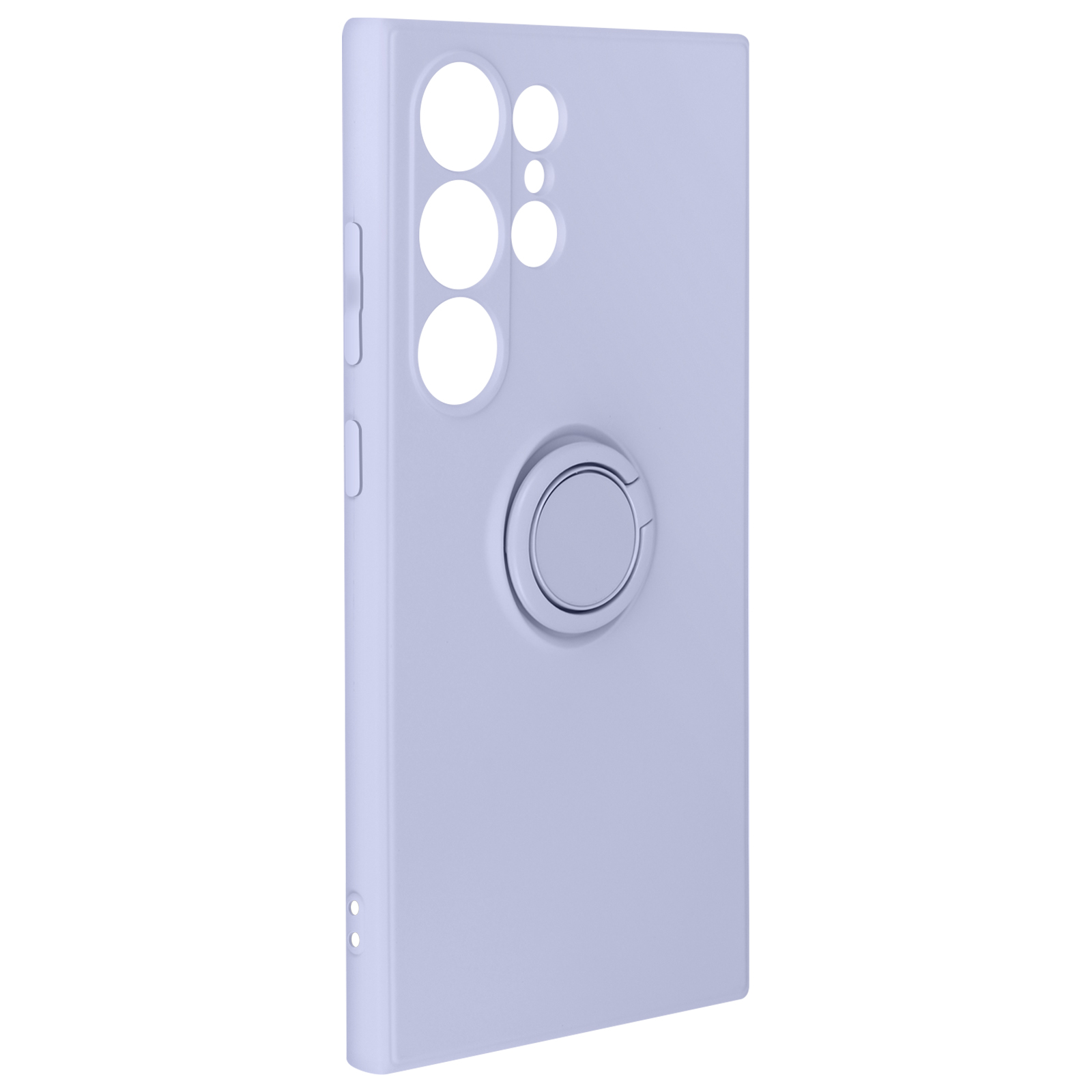 Custodia per telefono azzurra con fori per fotocamera e supporto ad anello.
