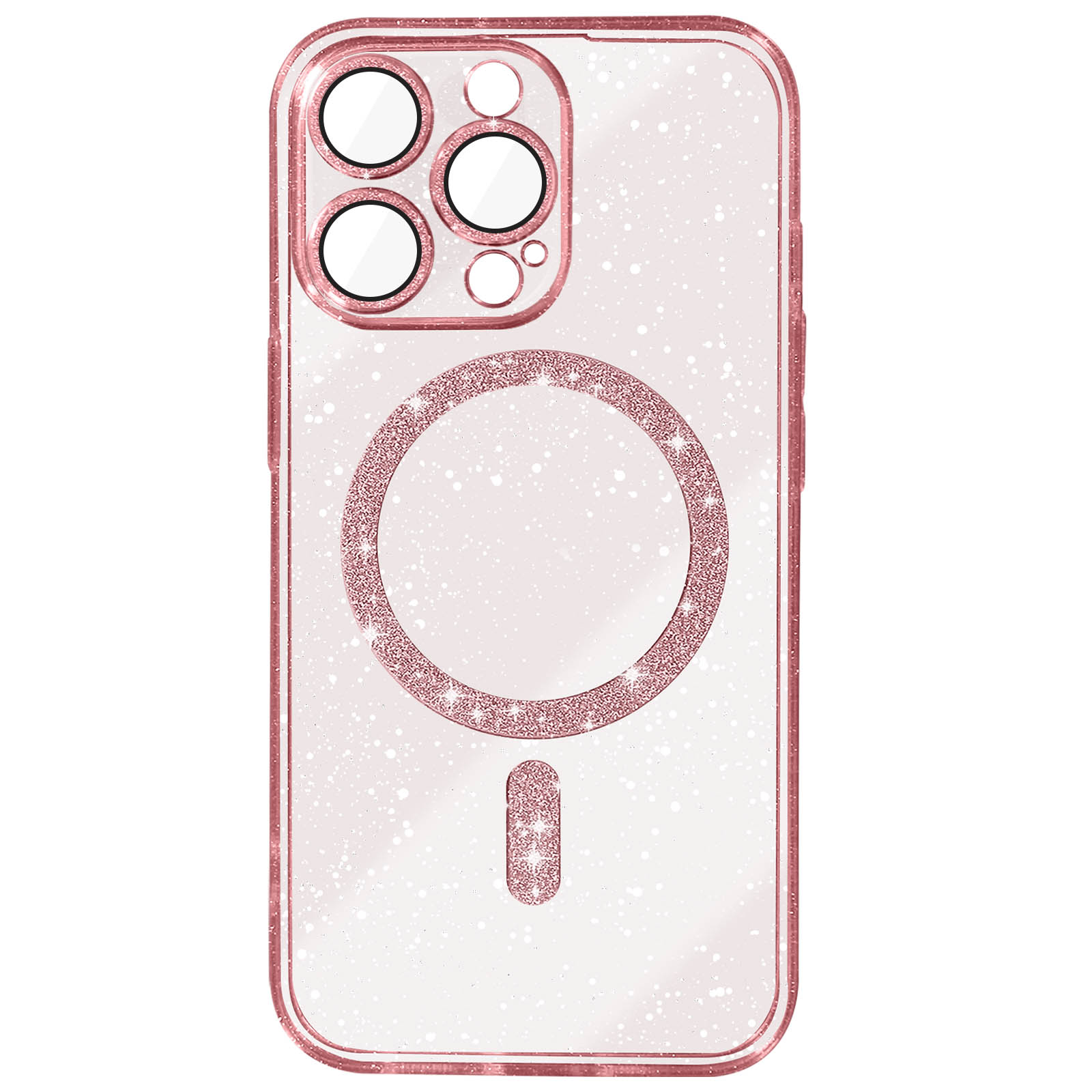 Custodia per telefono rosa con glitter e un anello magnetico. Ha un retro trasparente.