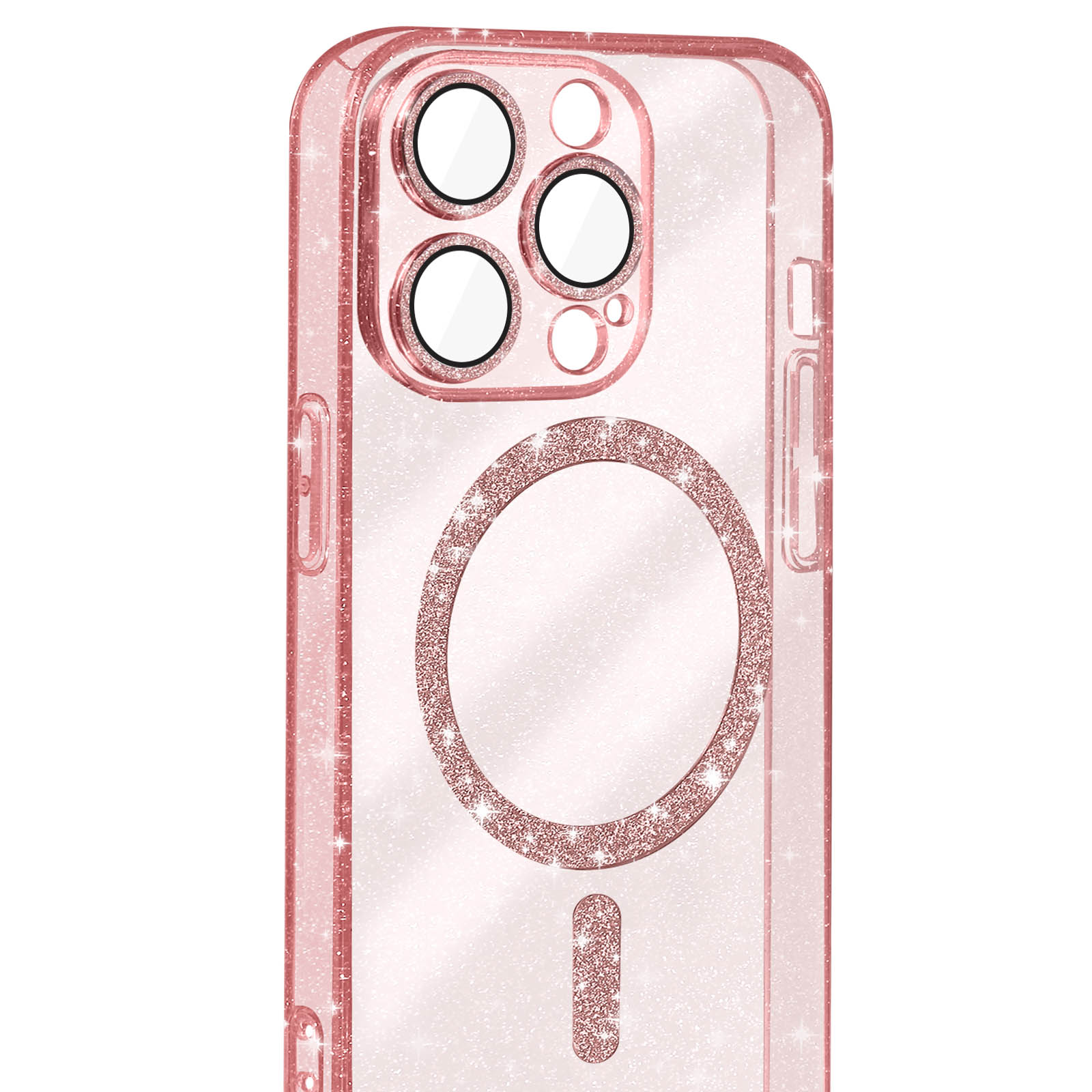 Primo piano di una custodia per telefono rosa trasparente con glitter e un anello magnetico circolare.