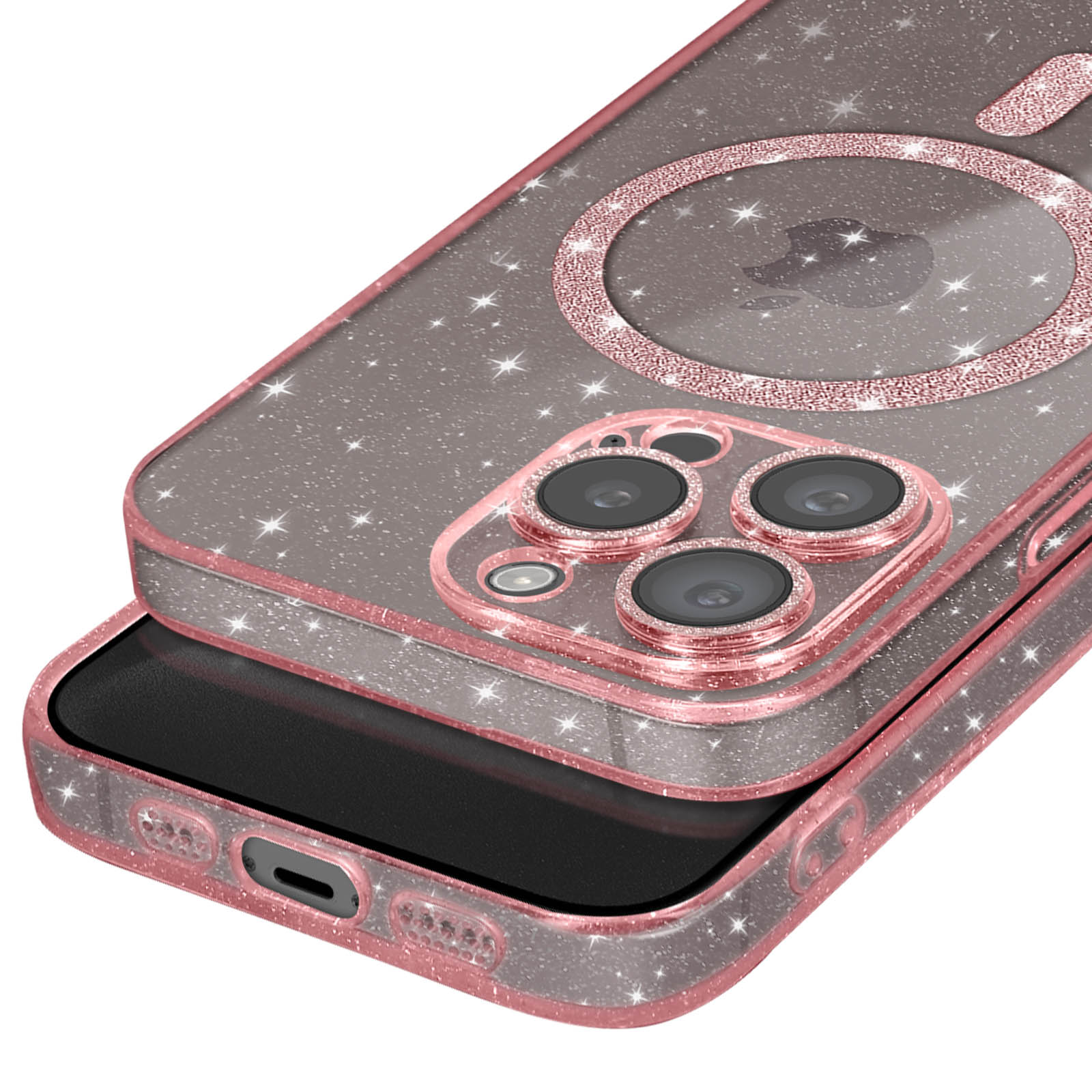 Una custodia rosa per iPhone con un design scintillante e un anello per la fotocamera, su un iPhone nero.