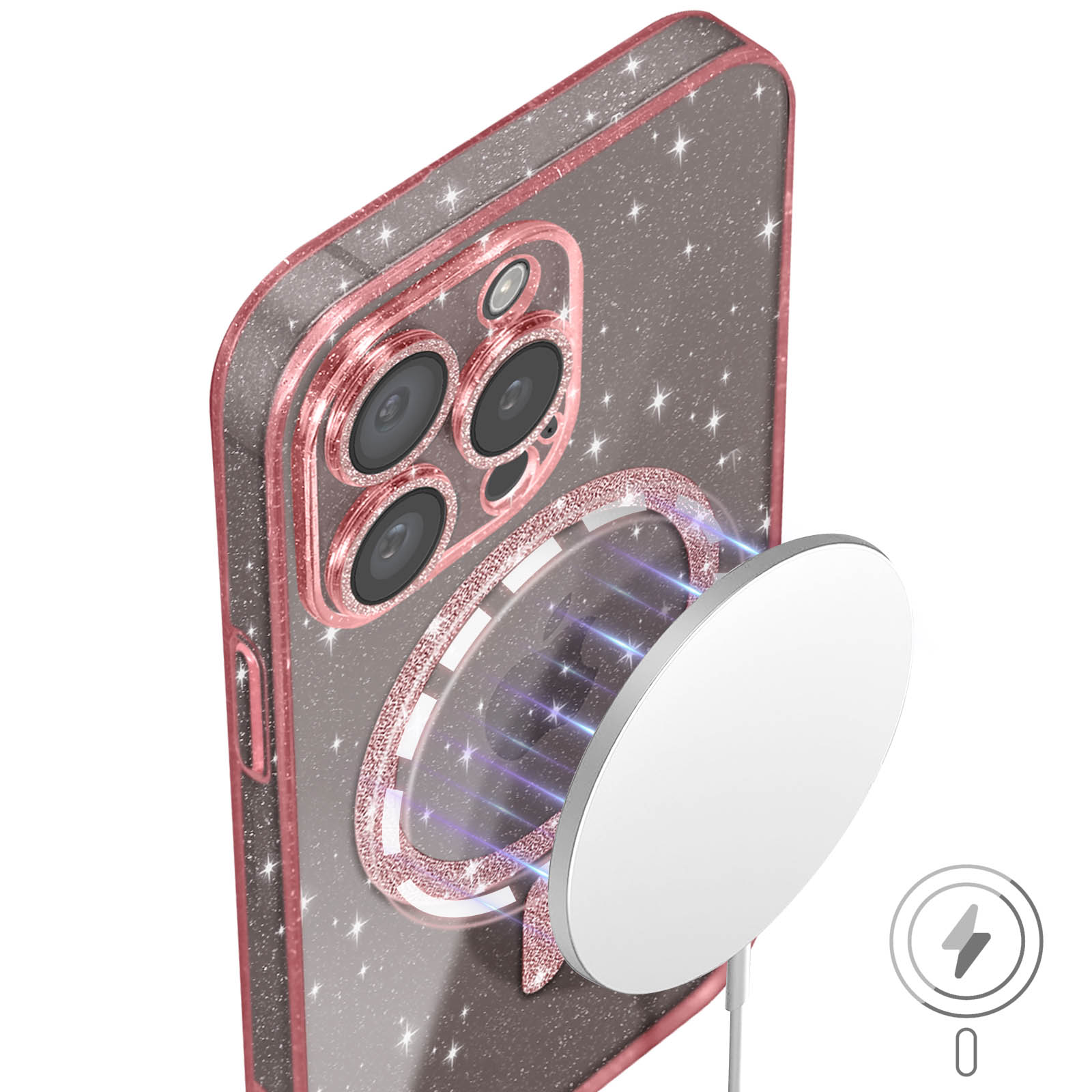 Una custodia per telefono oro rosa con caricabatterie magnetico, vicino a un telefono. Effetto glitter.