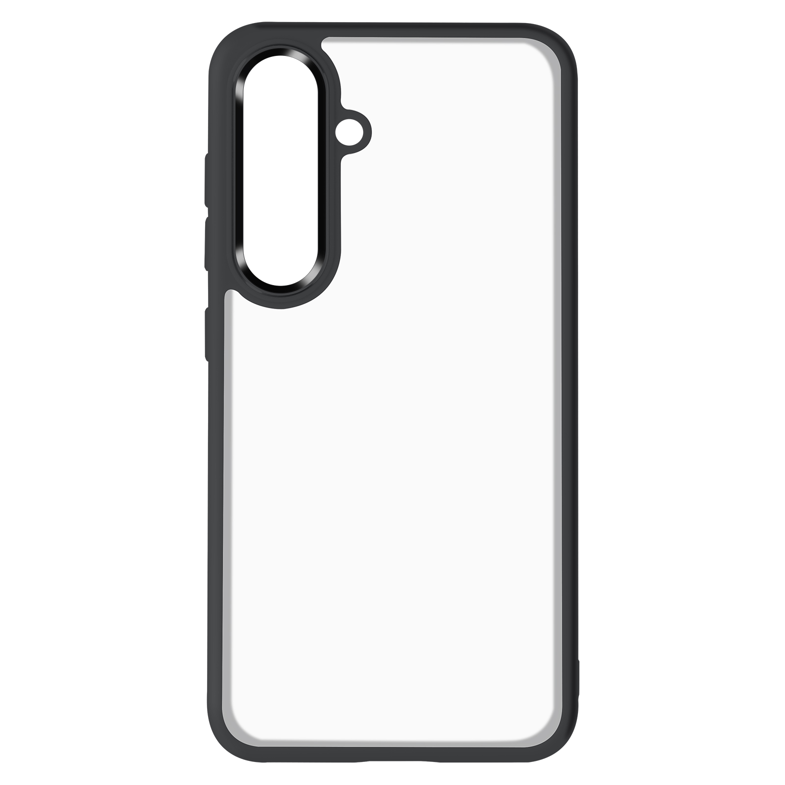 Custodia trasparente per telefono con fori per fotocamera e pulsanti, su sfondo bianco.