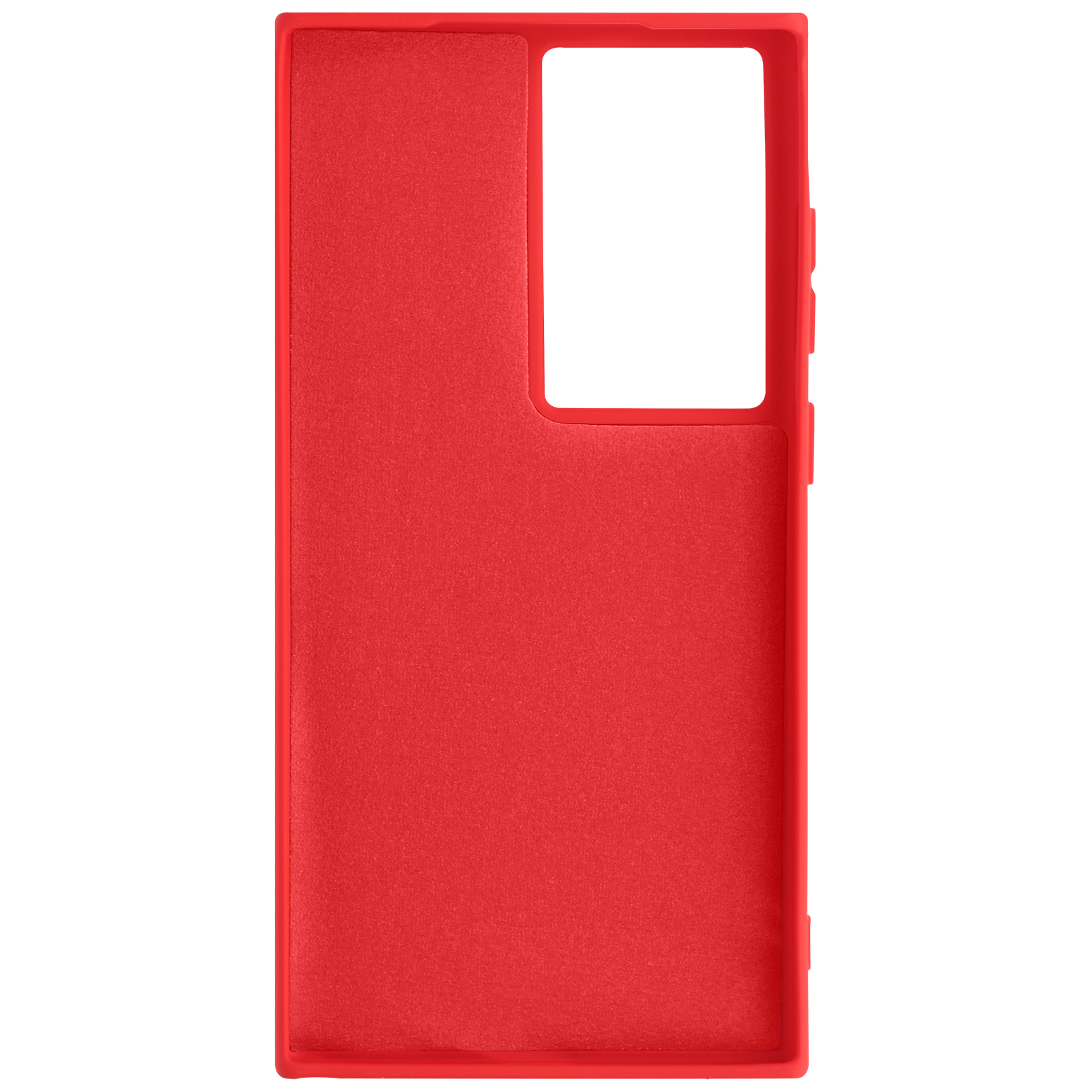 Custodia rossa per telefono, forma rettangolare, con intaglio per la fotocamera. La custodia è su una superficie bianca.