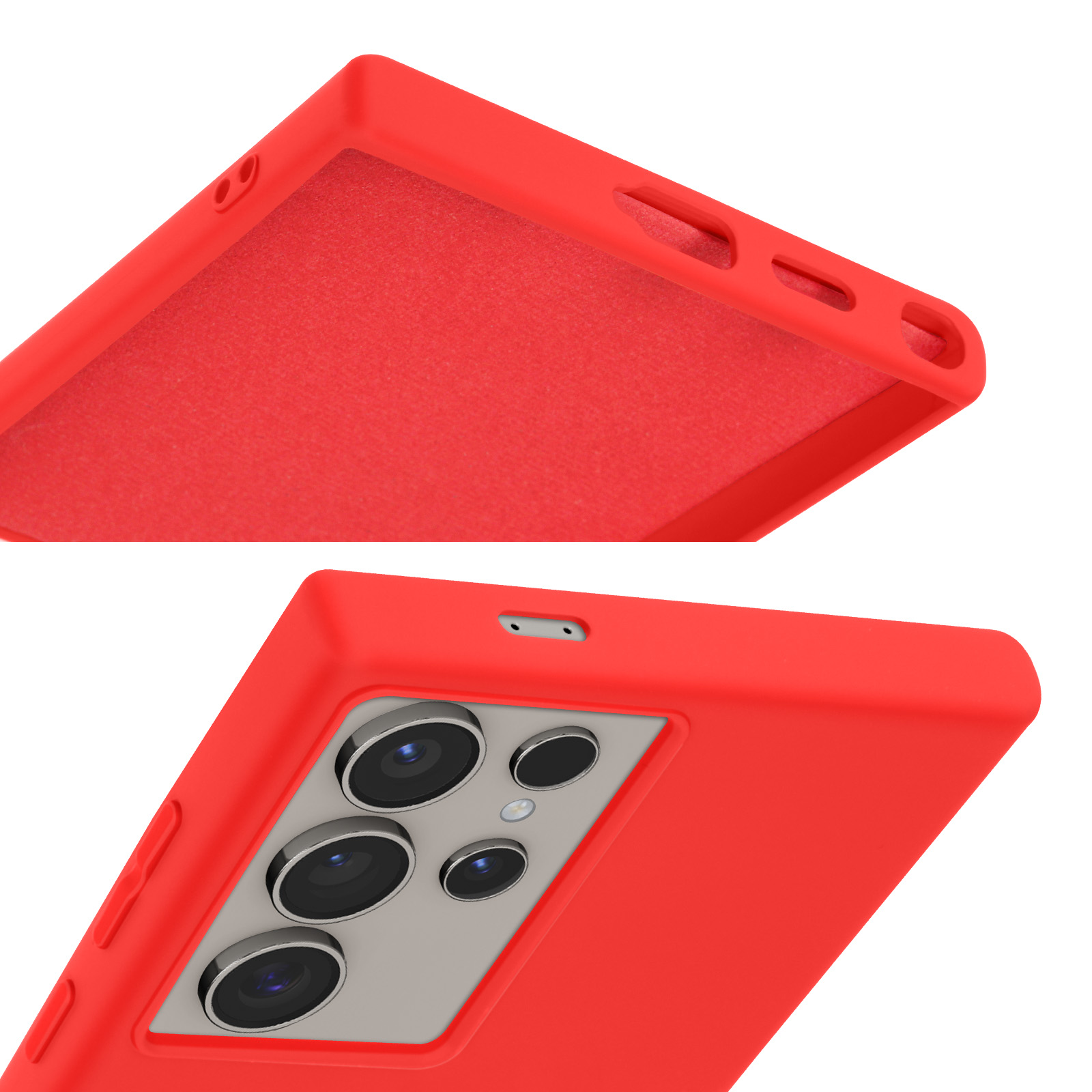 Custodia rossa per telefono che mostra la parte superiore e posteriore, evidenziando la fotocamera e i pulsanti.