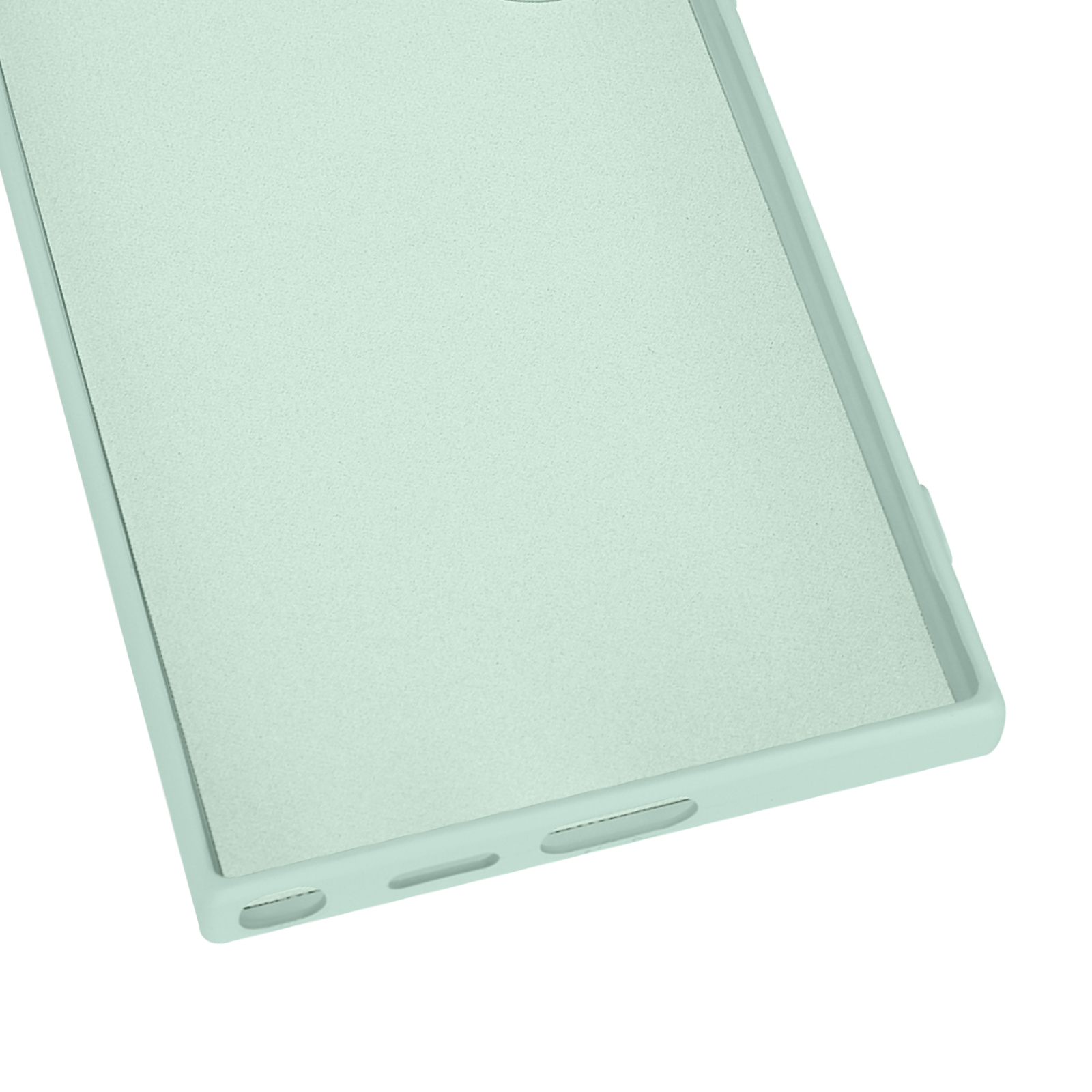 Custodia per telefono verde menta, vista interna. Mostra l'interno di una custodia. Sfondo bianco.