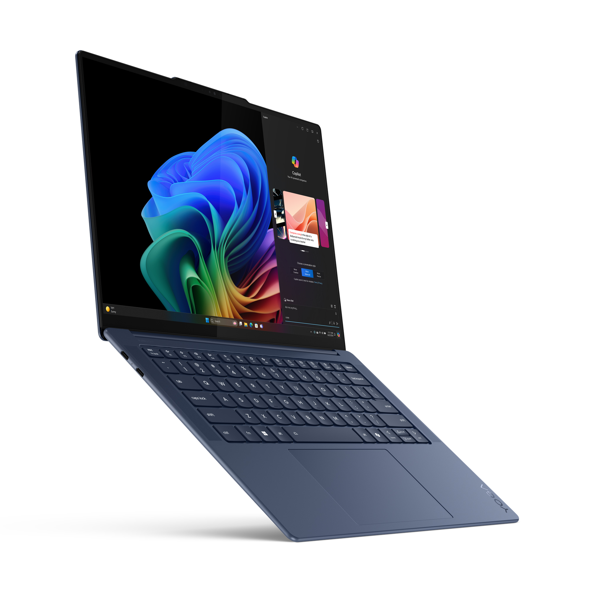 Ein blauer Laptop mit geöffnetem Bildschirm, der ein farbenfrohes Bild und eine Musikbedienoberfläche zeigt.