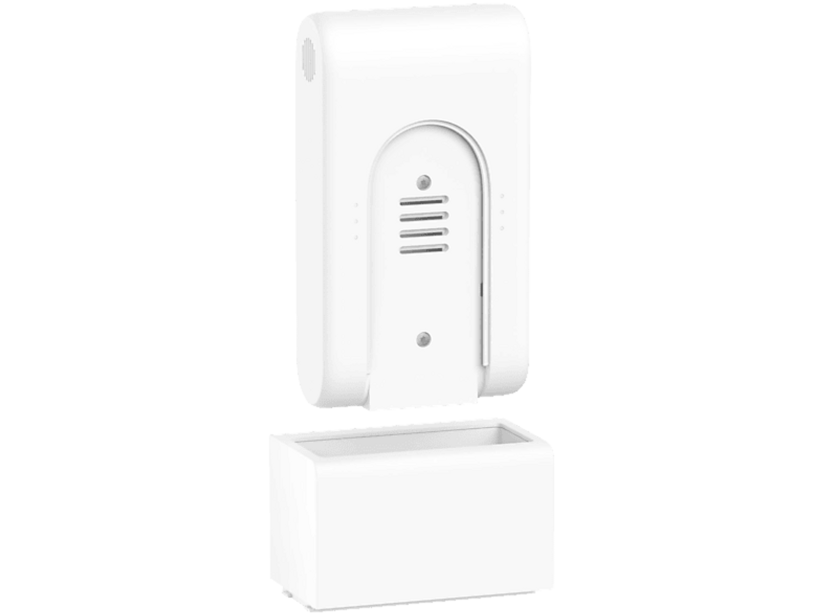 Białe urządzenie montowane na ścianie z odłączaną prostokątną podstawą. Urządzenie ma wentylację.