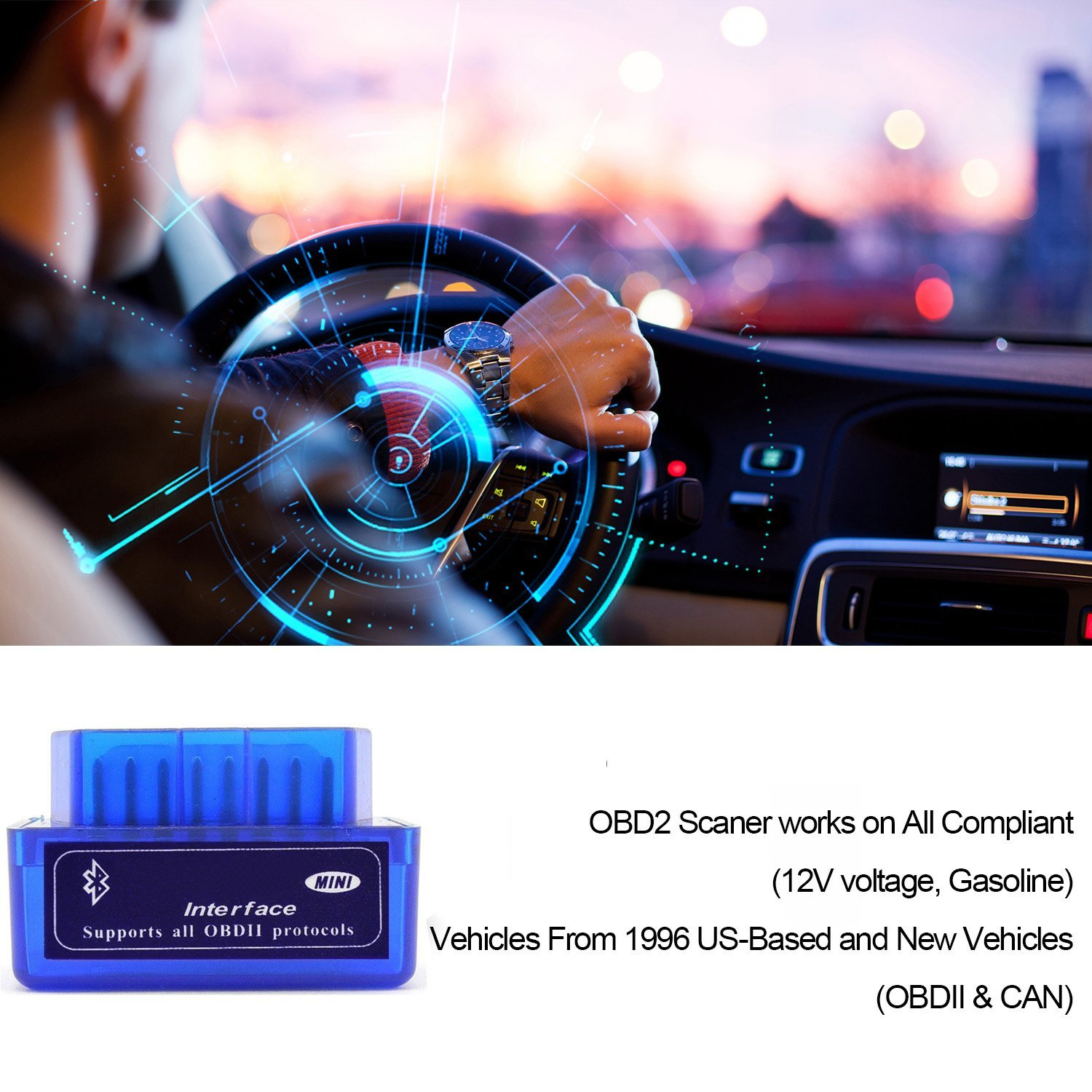 Un escáner OBD2 azul y una persona usando un auto. El escáner está conectado al auto.