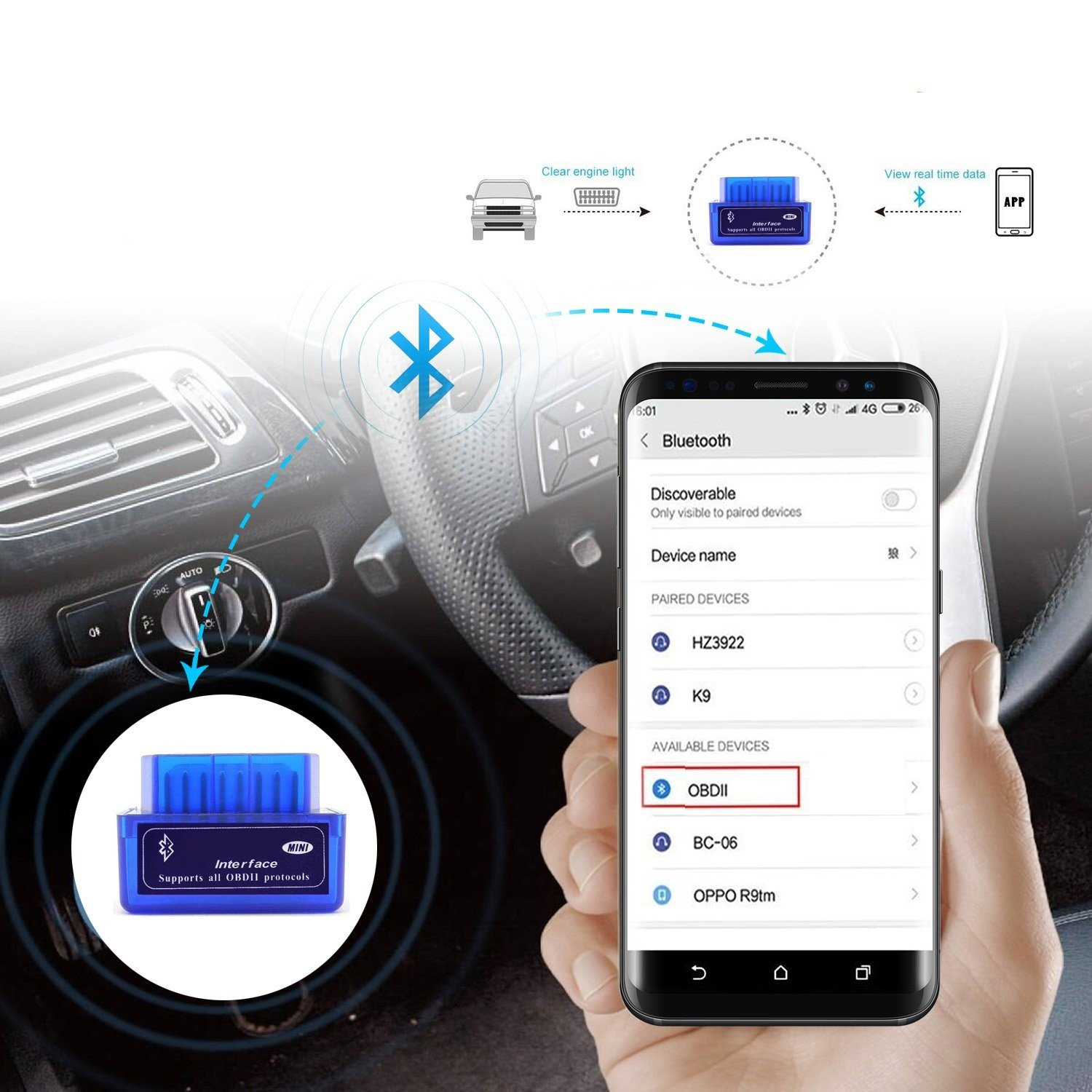 Dispositivo OBDII conectado a un teléfono inteligente que muestra datos del coche.