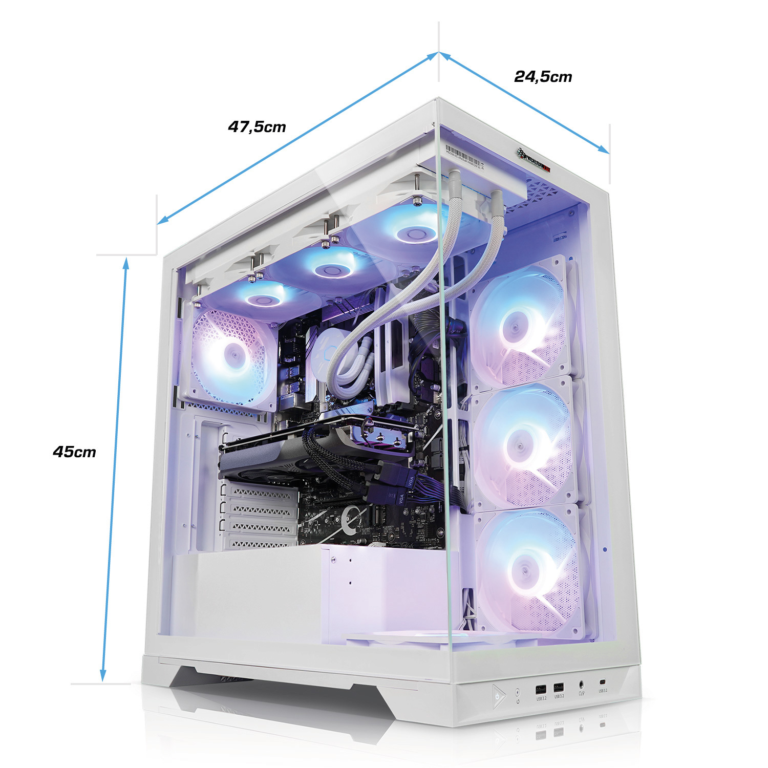 Weißes PC-Gehäuse mit Maßen, Lüftern und beleuchteten Innenkomponenten. Blaue und lila Lichter.