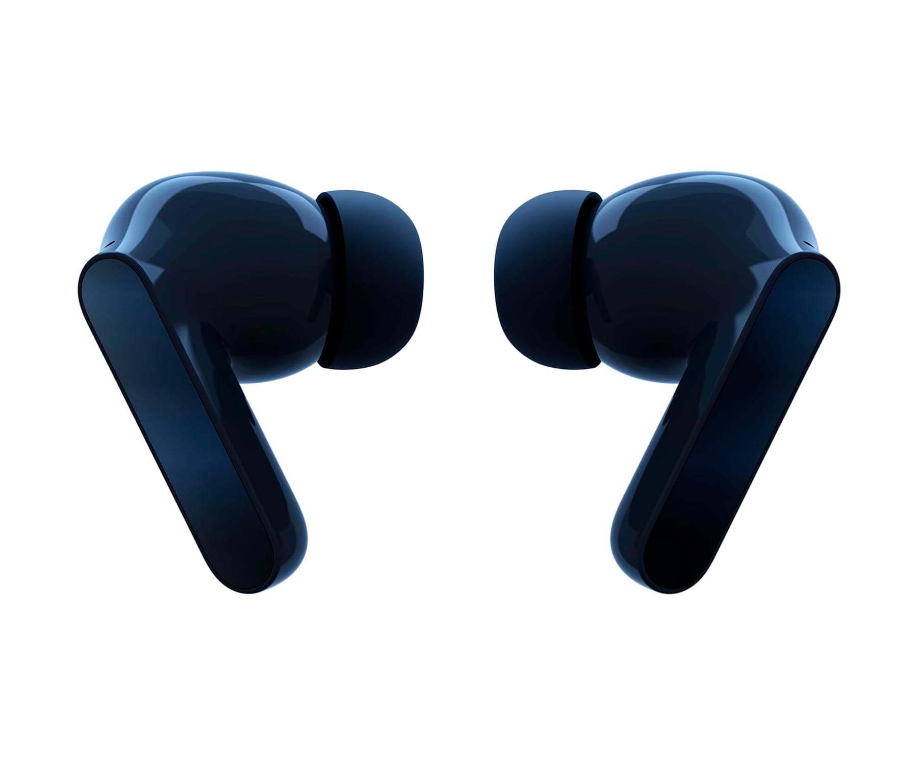 Dwa czarne bezprzewodowe słuchawki na białym tle. Słuchawki są skierowane na zewnątrz.