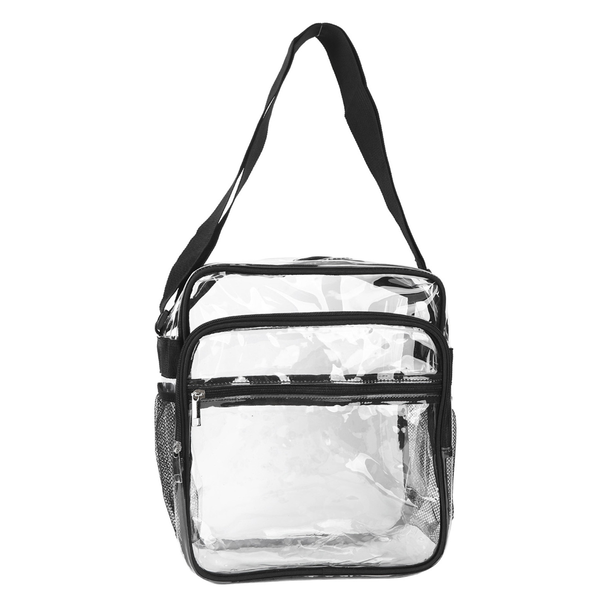 Transparente Tasche mit schwarzen Riemen. Schwarze Seitentaschen. Reißverschluss vorne. Weißer Hintergrund.