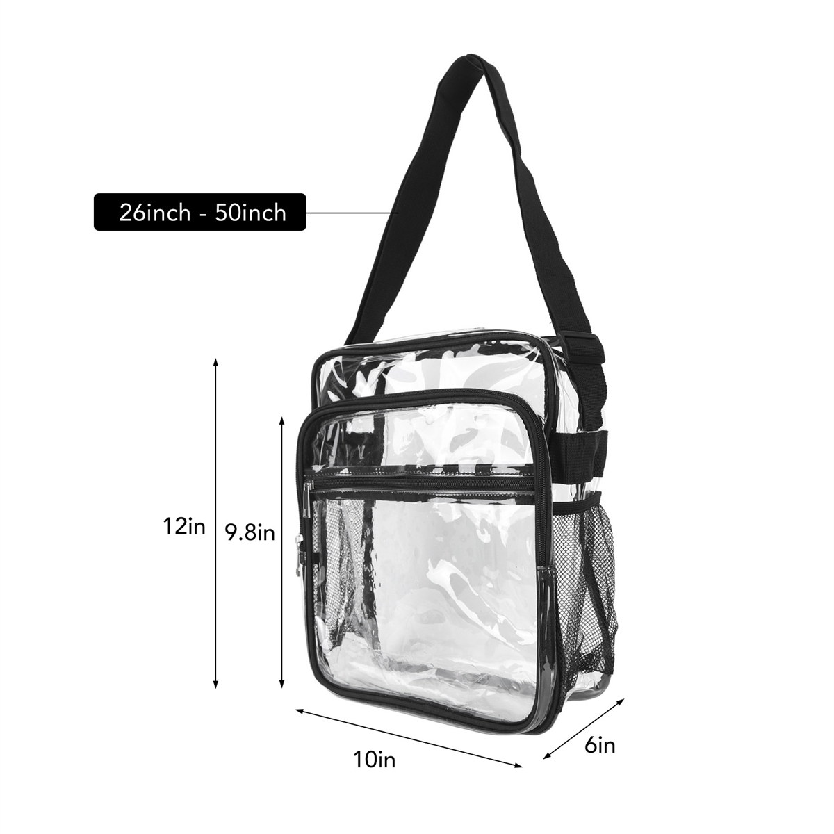 Eine durchsichtige, rechteckige Tasche mit schwarzem Riemen und Details, Maße beschriftet.