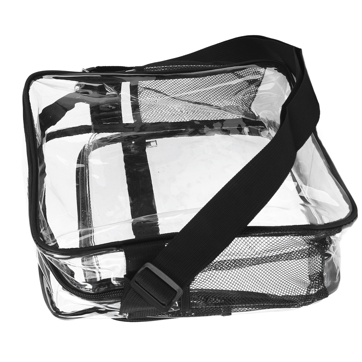 Transparente Tasche mit schwarzem Griff und Akzenten, weißer Hintergrund.