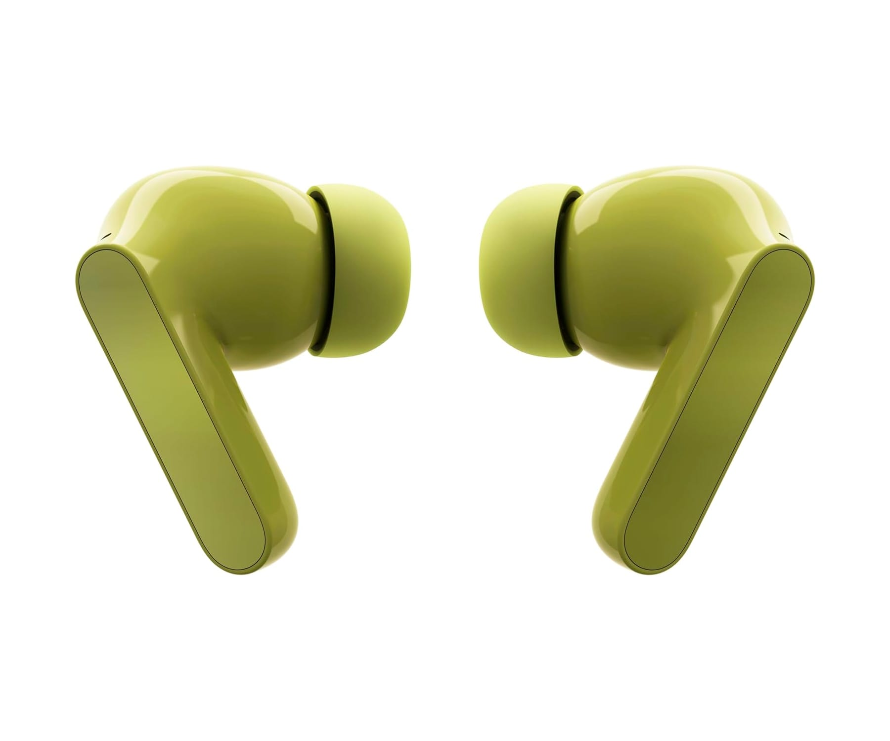 Jasnozielone słuchawki douszne. Dwie pojedyncze słuchawki. Białe tło.