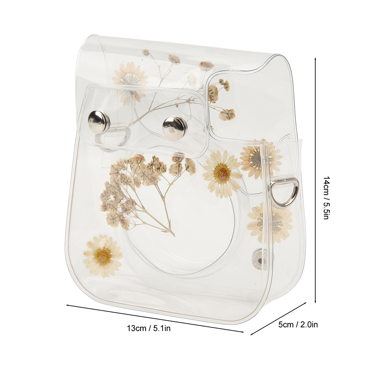 Transparente quadratische Geldbörse mit getrockneten Blumen, zwei silbernen Verschlüssen und Maßen.