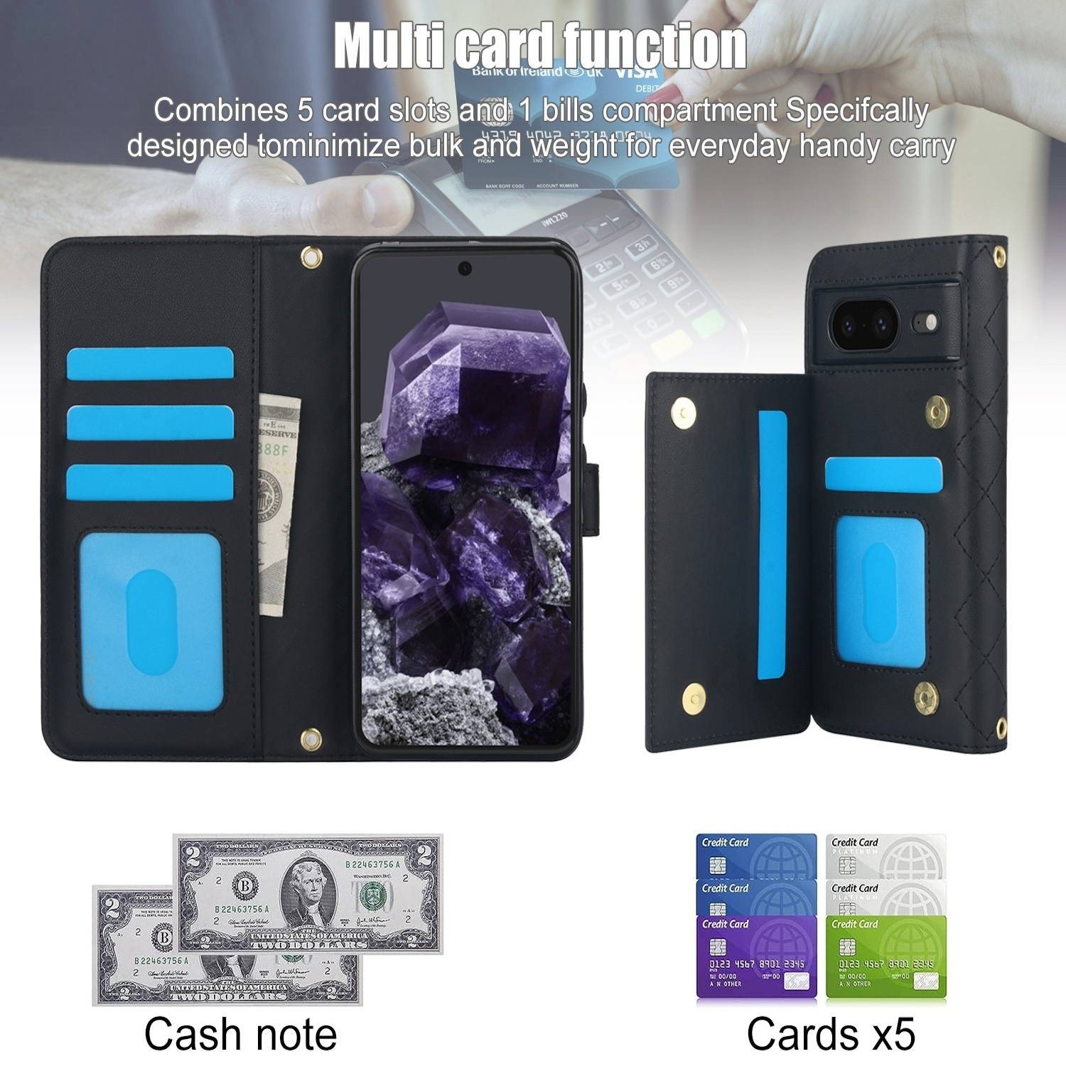 Ein Telefon-Portemonnaie mit Telefon, Karten und Bargeld, auf weißem Hintergrund.