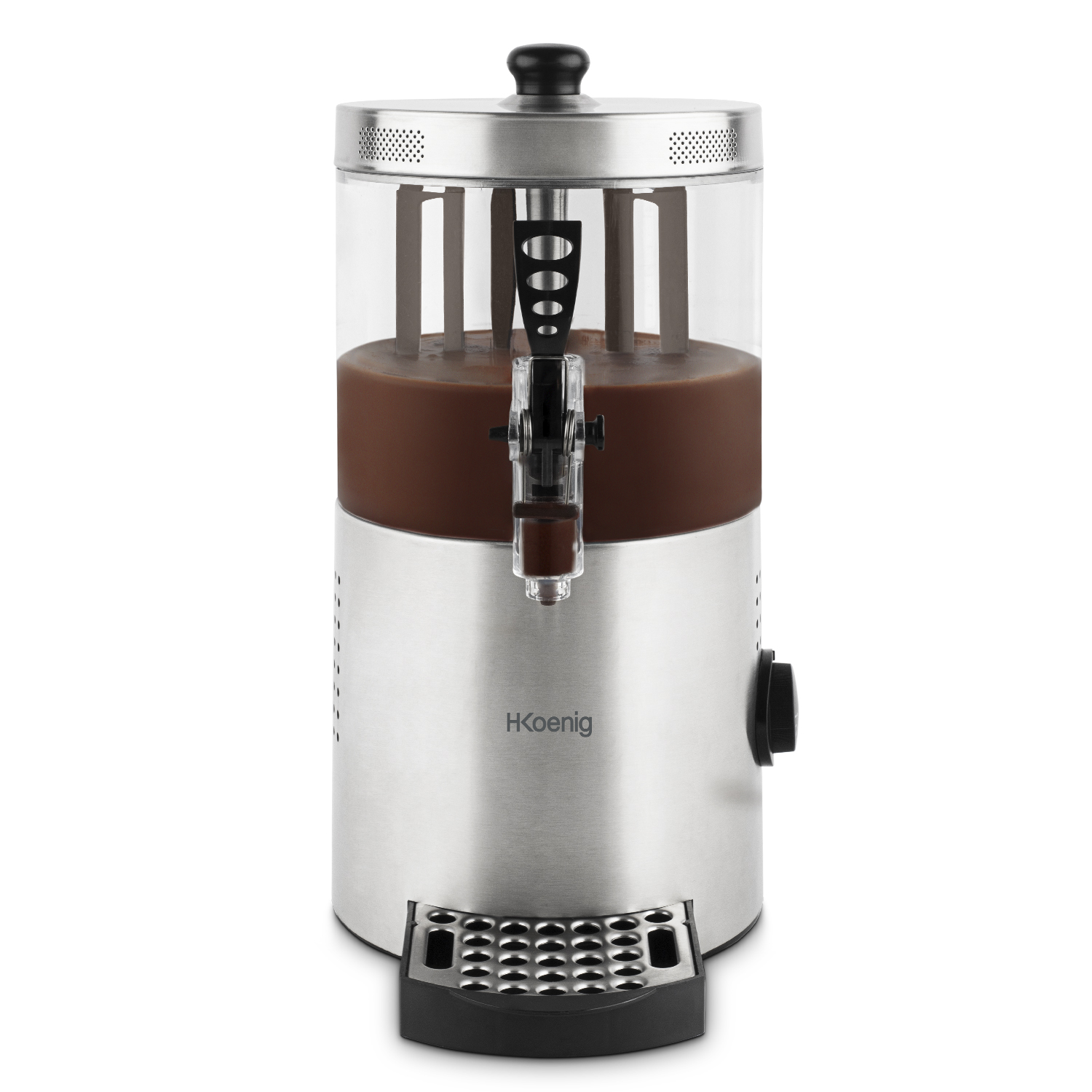 A stainless steel hot chocolate dispenser with a clear container and a black tap.