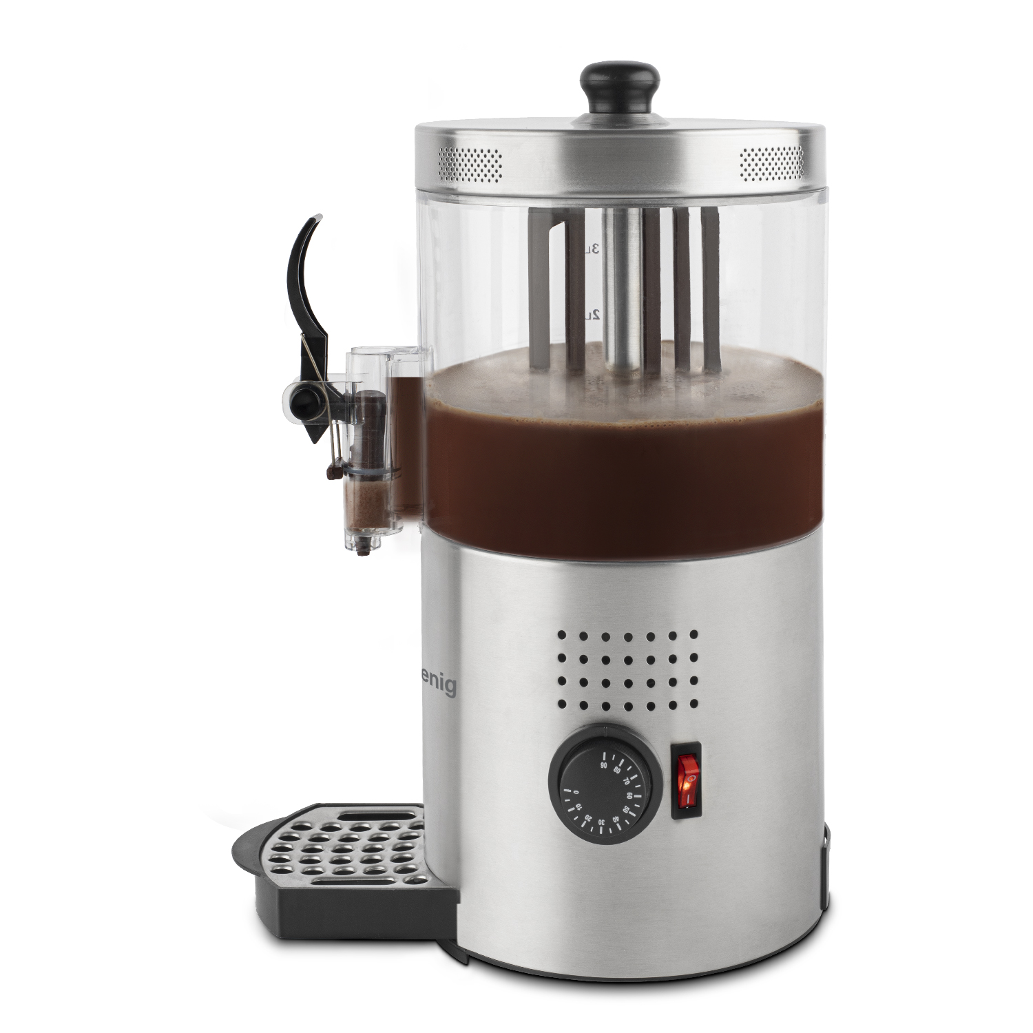Silver and glass hot chocolate dispenser with a control panel, white background.