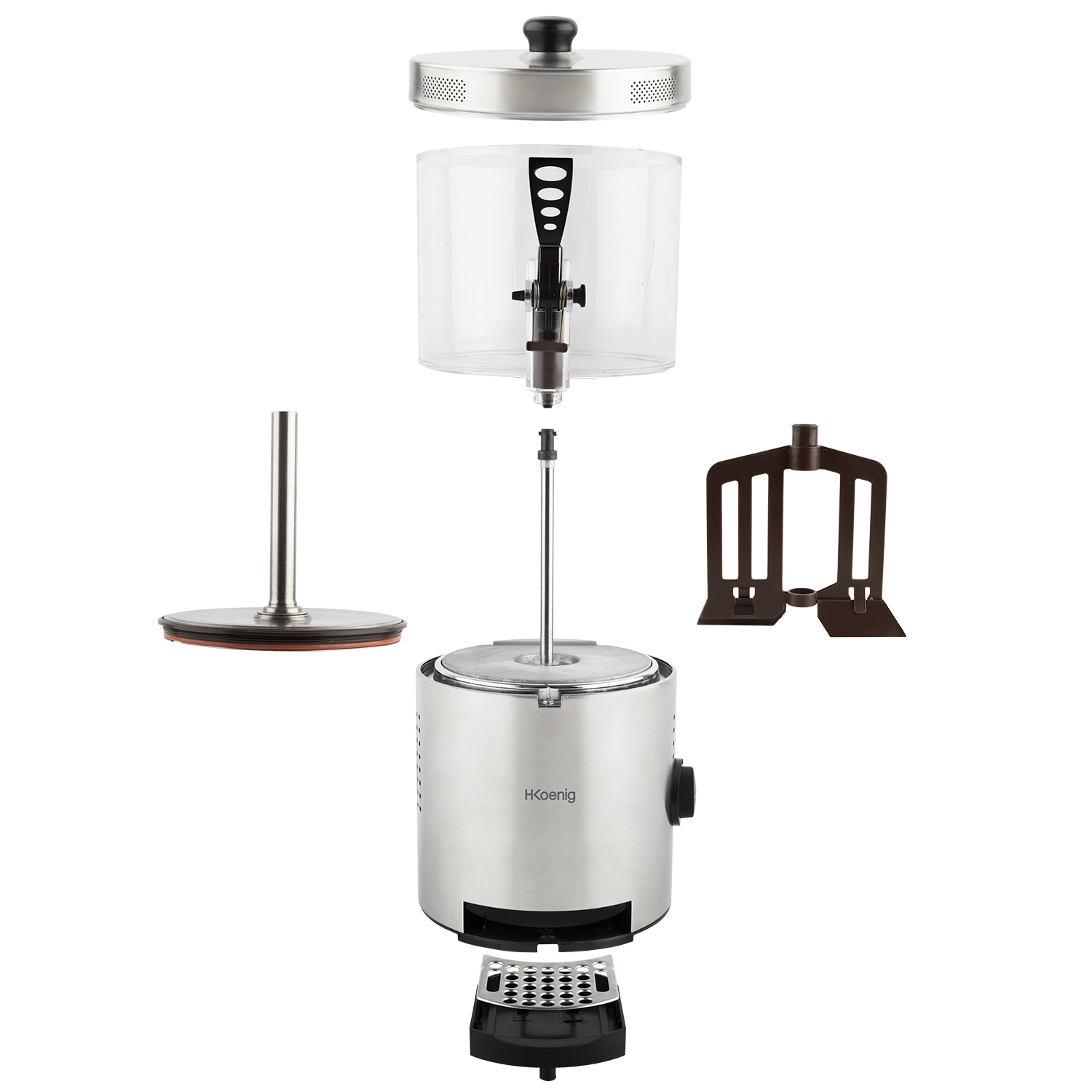 Coffee maker disassembled. Stainless steel and plastic components.