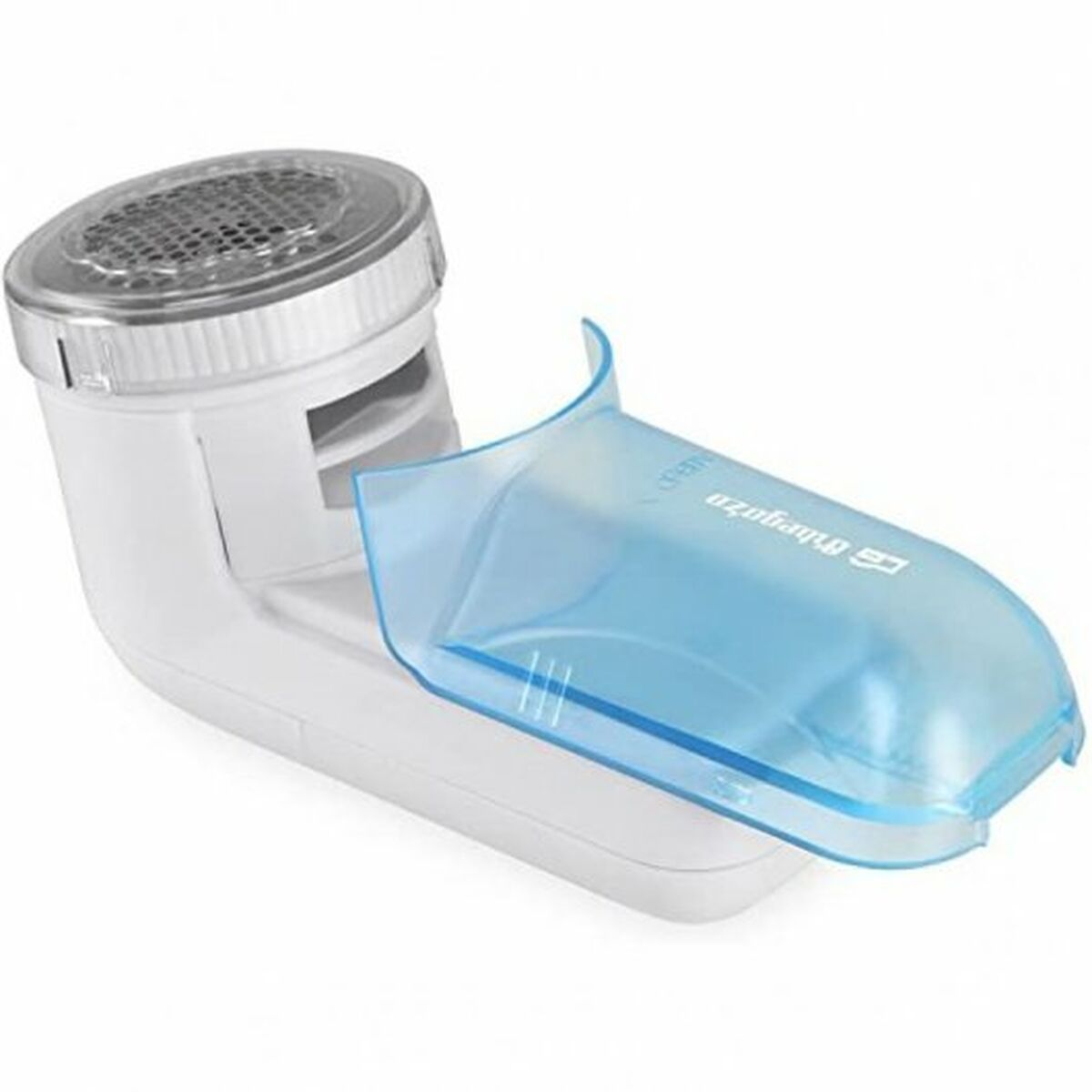 Weißer und blauer Fusselentferner mit transparentem blauen Sammelbehälter.