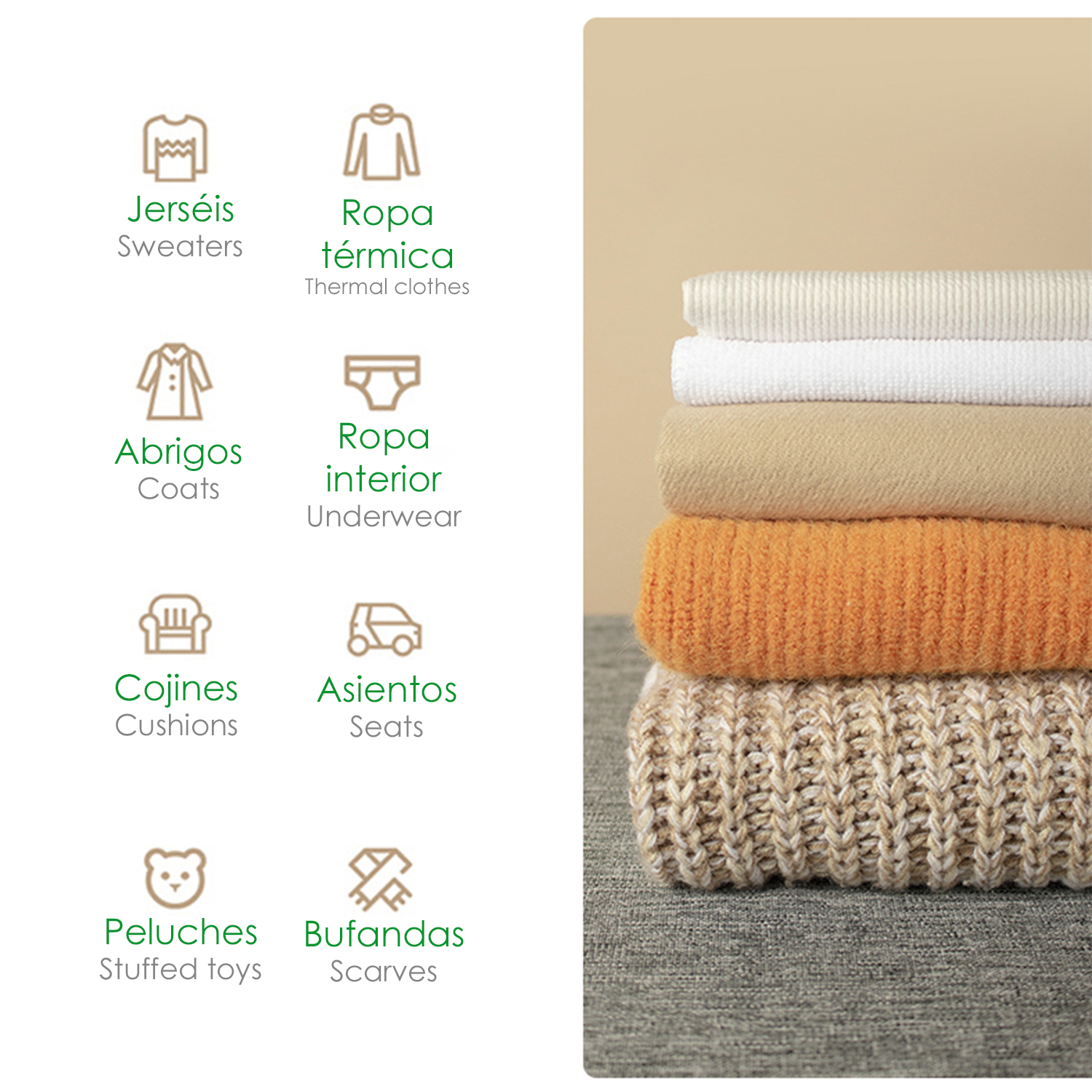 Stapel gefalteter Kleidung: weiß, beige, orange und gemustert gestrickt. Beiger Hintergrund mit Icons.