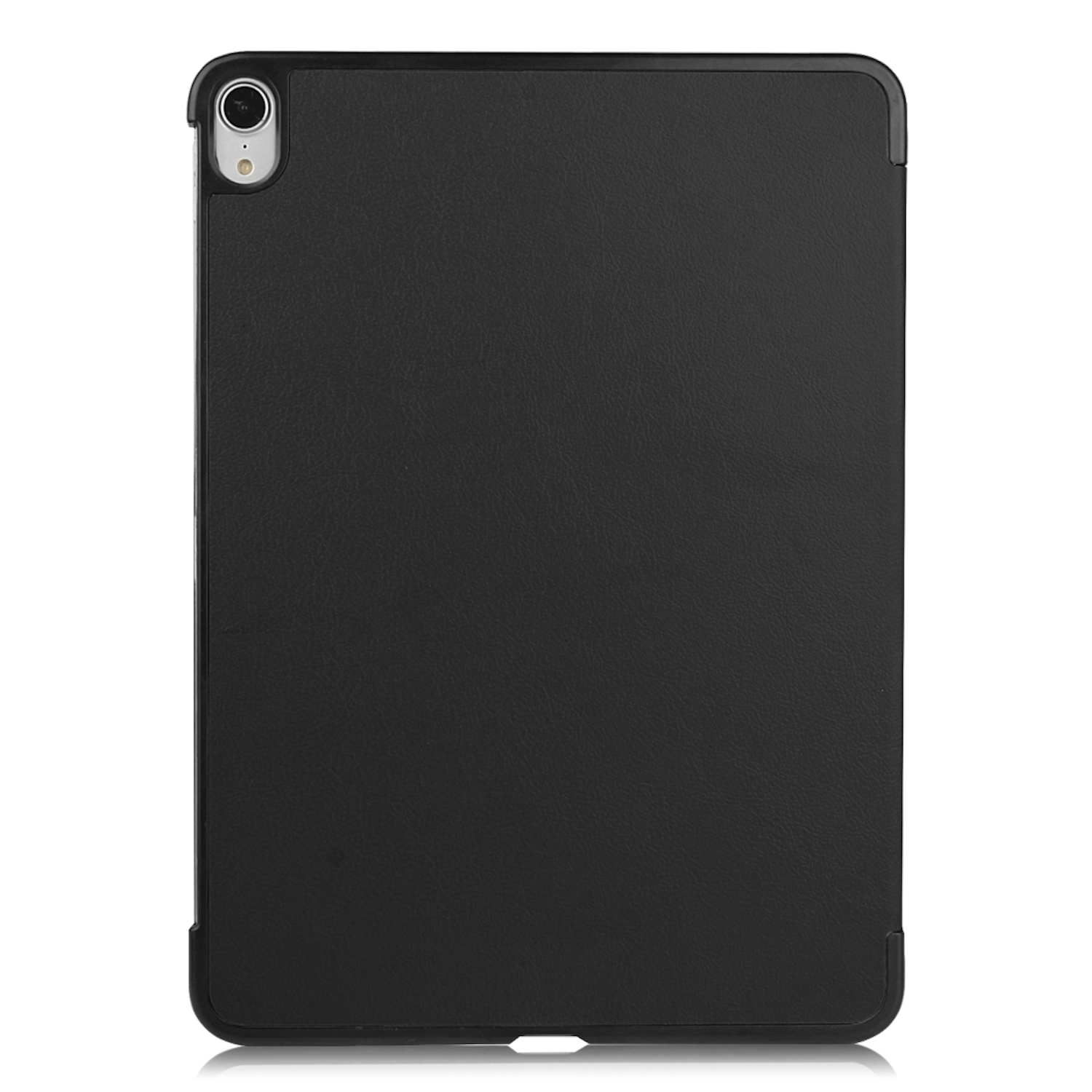 Eine schwarze iPad-Hülle. Sie ist rechteckig mit abgerundeten Ecken. Oben links ist eine Kamera sichtbar.