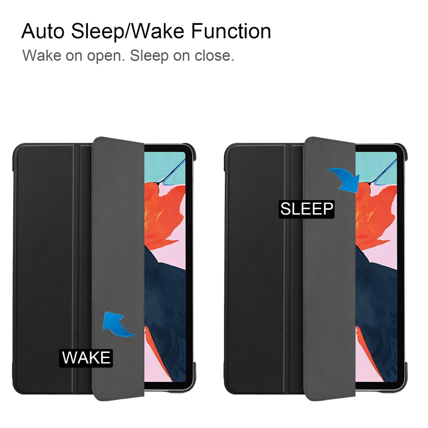 Zwei Tablet-Hüllen, die 'Wake'- und 'Sleep'-Funktionen mit Aktionspfeilen zeigen.