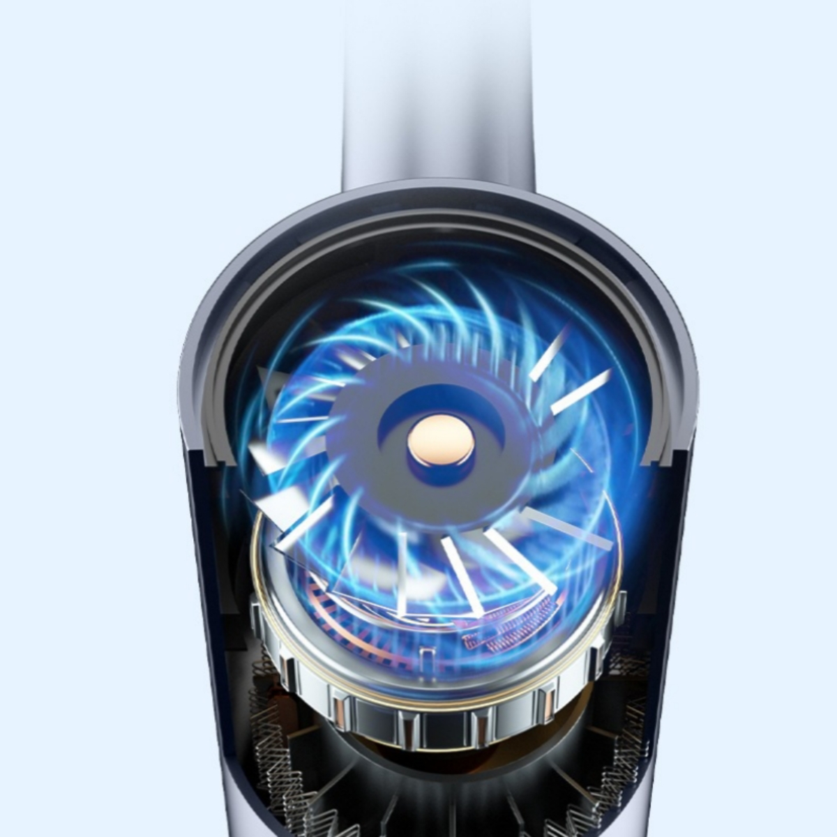 Ein Querschnitt eines Staubsaugers zeigt eine Turbine mit blauen Lichteffekten.