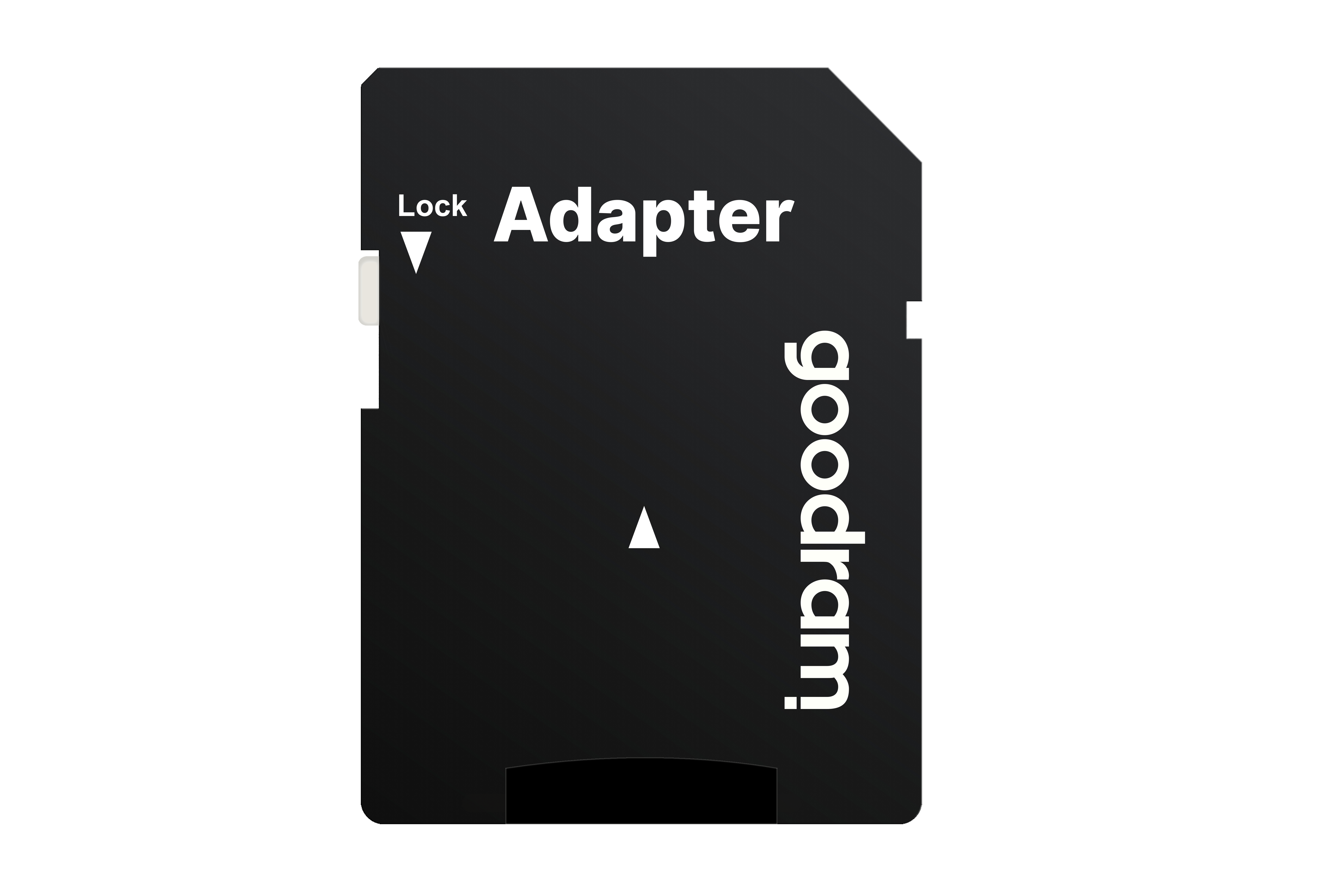 Czarny adapter karty SD z białym tekstem. Tekst: 'Adapter' i 'goodram', pokazana pozycja blokady.