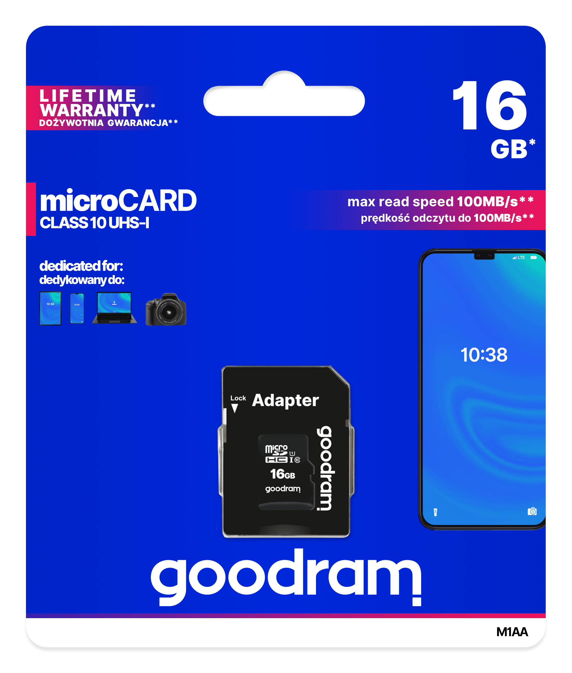 MicroSD-kaartverpakking. Toont de kaart, een telefoon met tijd en productdetails, inclusief een levenslange garantie.