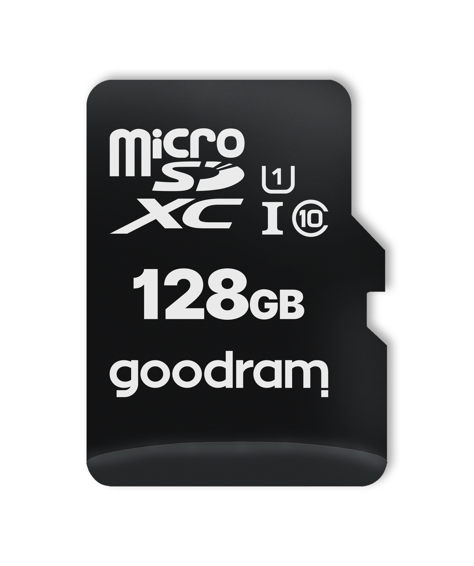 Czarna karta microSD goodram na białym tle. Ma biały tekst.