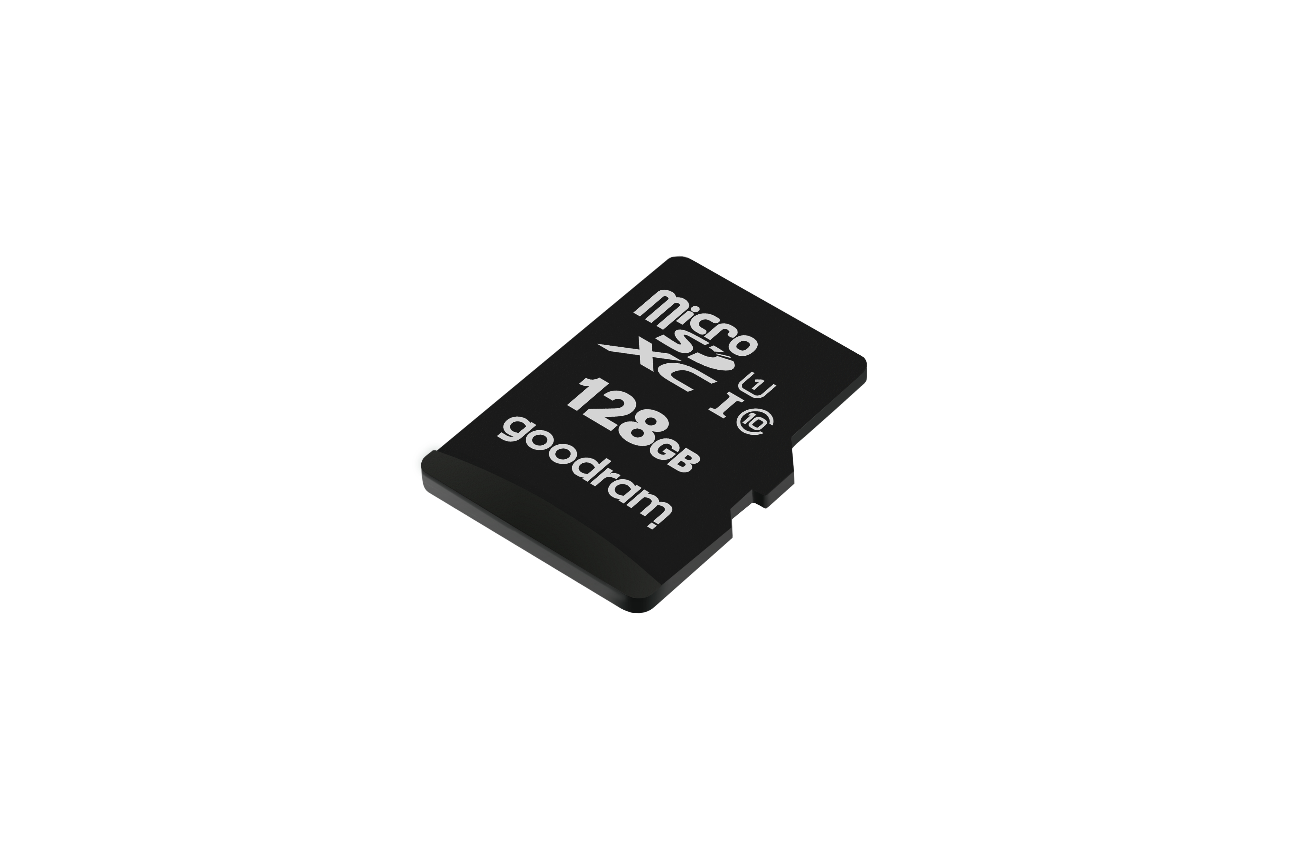 Czarna karta microSD. Pojemność 128GB. Marka Goodram. Białe tło.