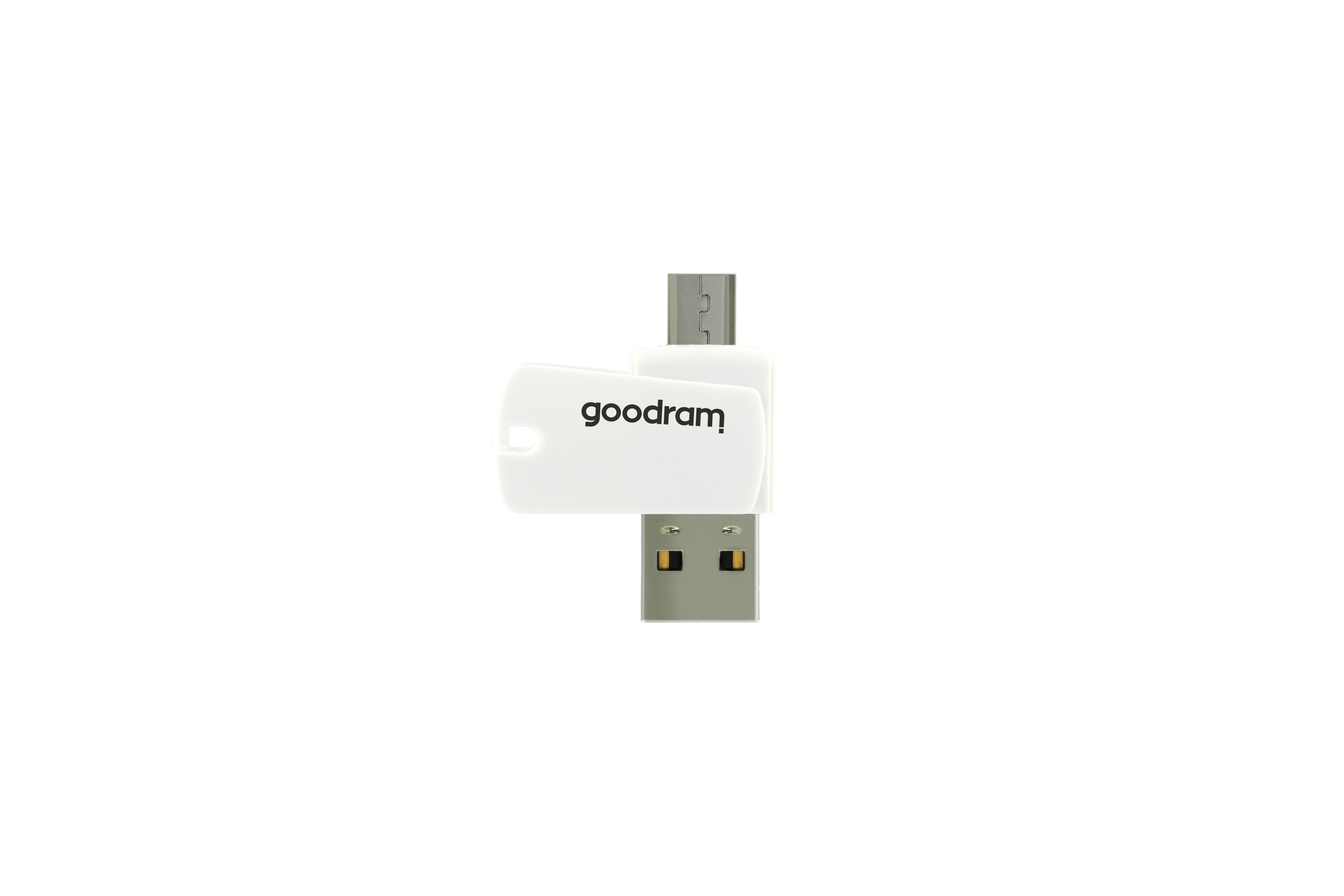 Biały pendrive Goodram, podwójne złącze, na białym tle.