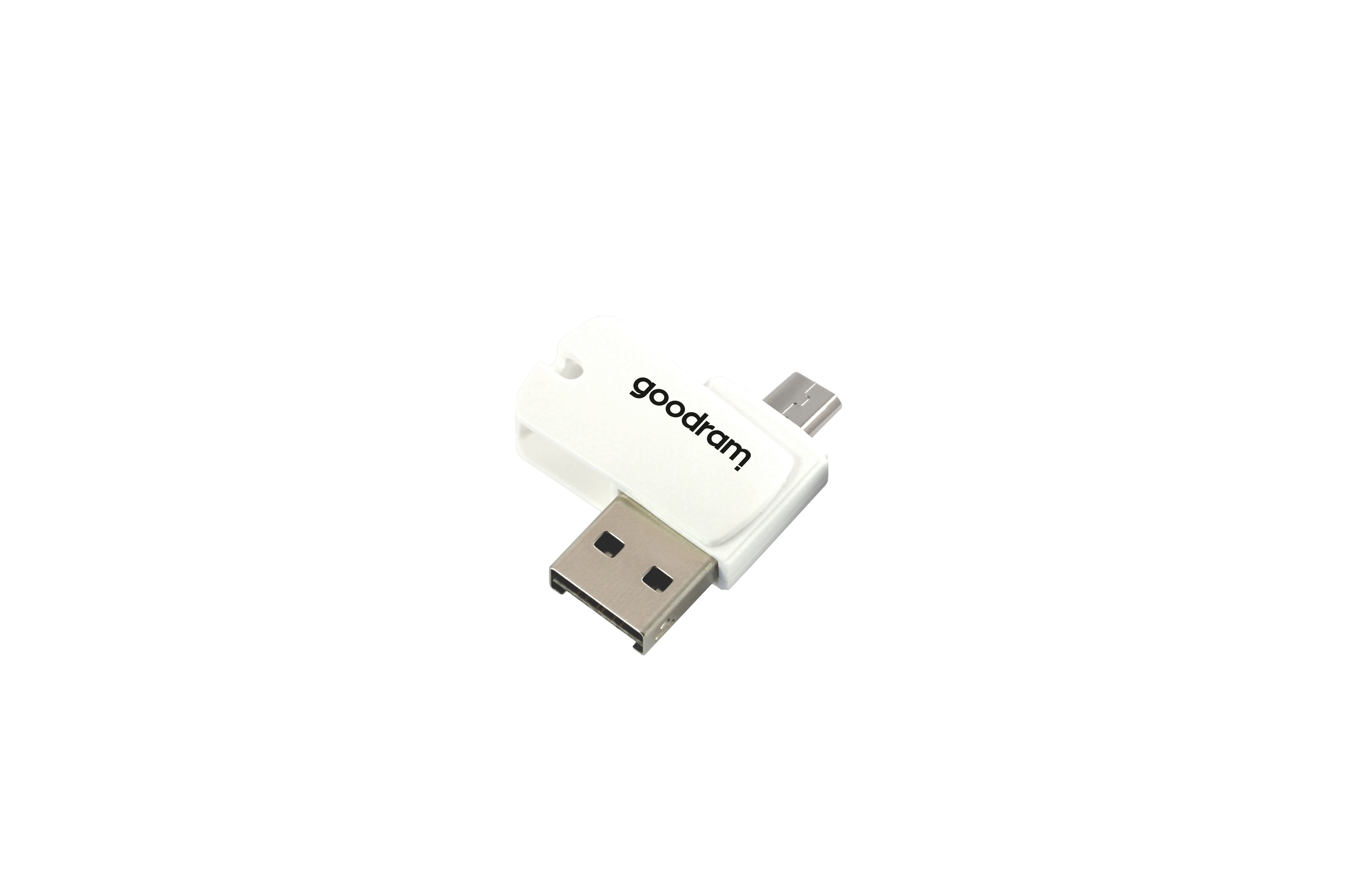 Biały pendrive z złączem USB i micro USB, na białym tle.