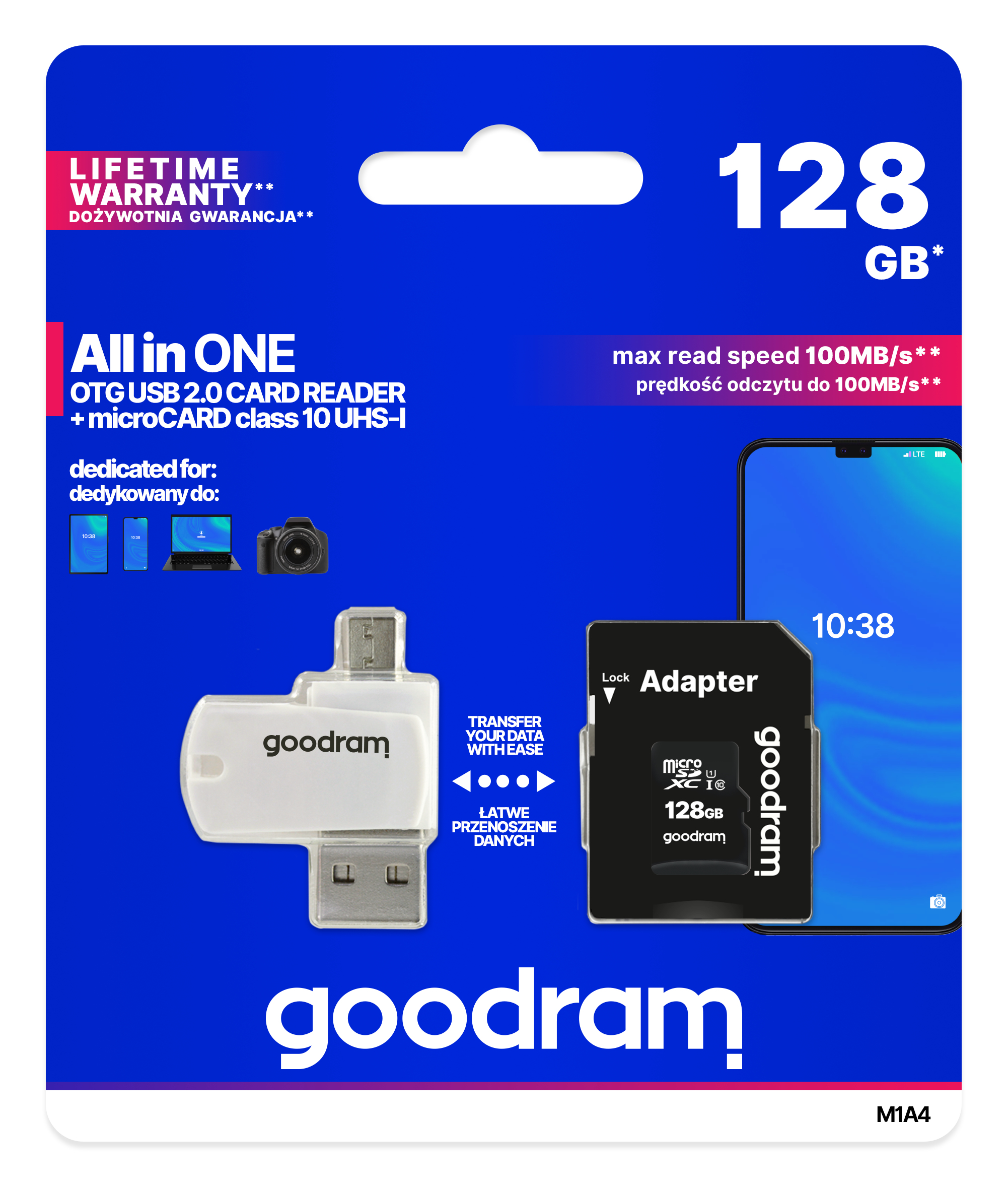 Czytnik kart USB i opakowanie karty microSD, z ikoną telefonu na opakowaniu.