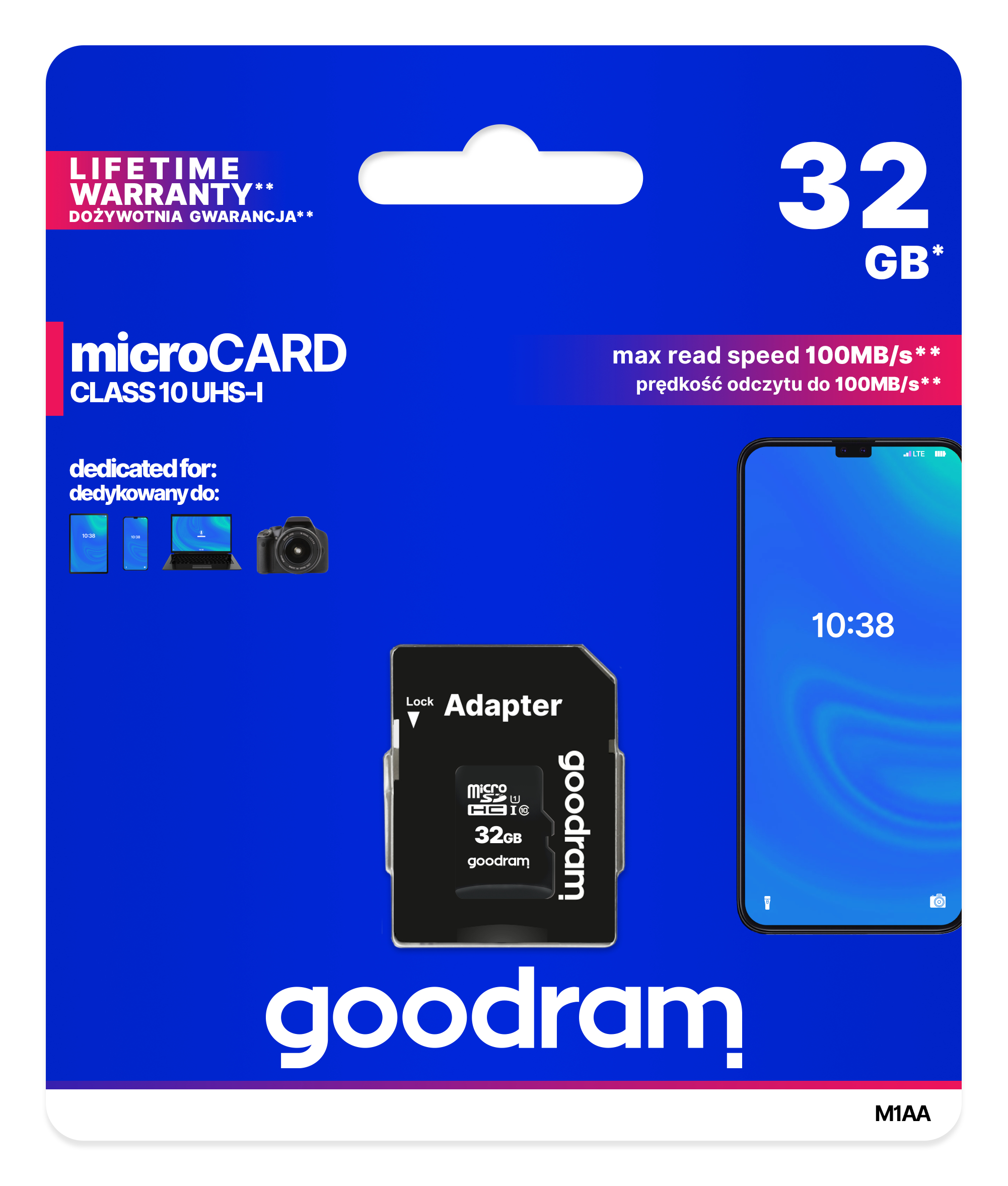 Carte microSD dans un adaptateur noir. Emballage bleu et blanc avec image de téléphone.