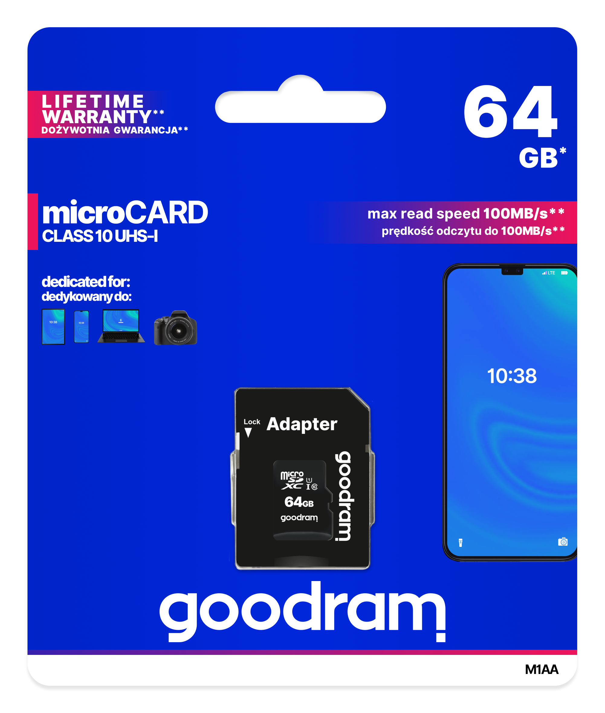 Bir adaptörle 64 GB microSD kart ve mavi bir arka plan üzerinde 10:38 gösteren bir telefon.