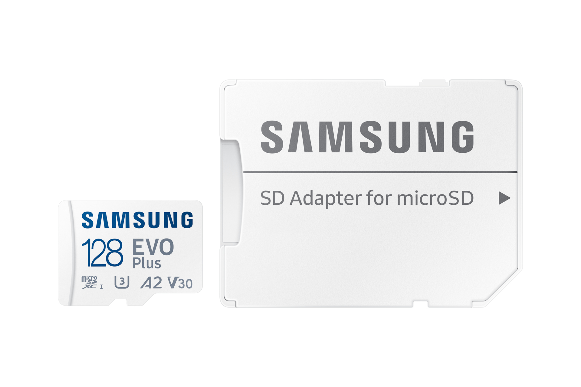 Scheda microSD Samsung 128GB Evo Plus e adattatore SD, sfondo bianco.