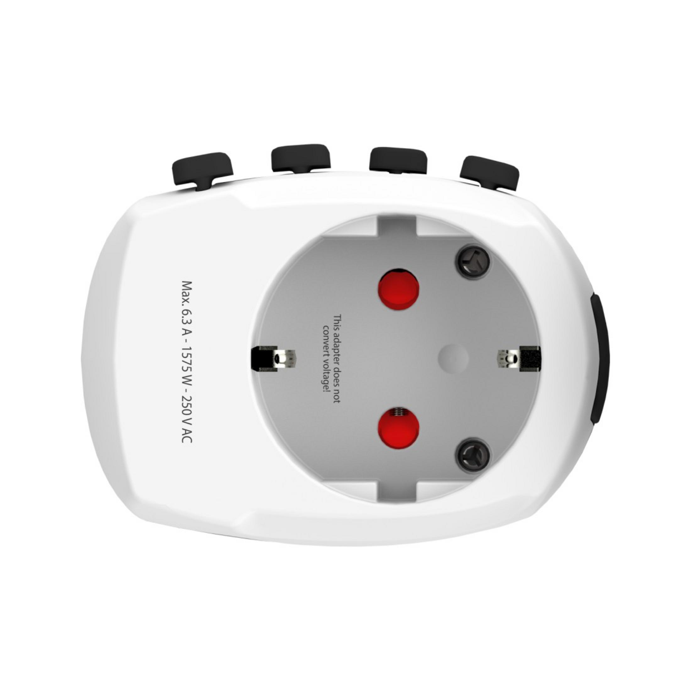 Un adaptador de viaje blanco con tres enchufes negros y dos orificios rojos en el interior.