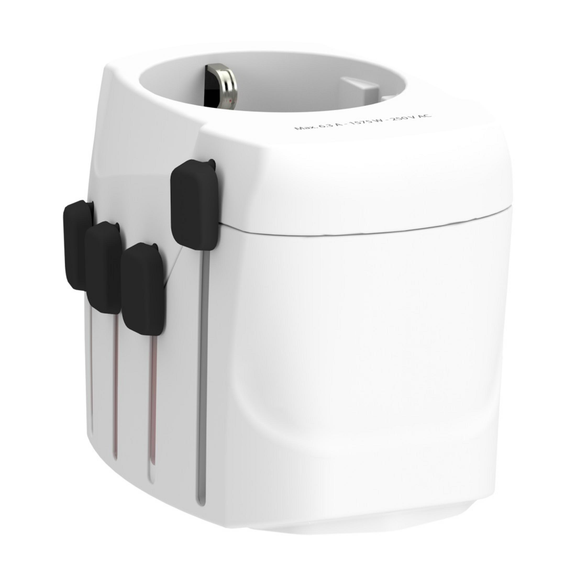 Adaptador de viaje blanco con enchufes negros. Tiene múltiples ranuras y pines.