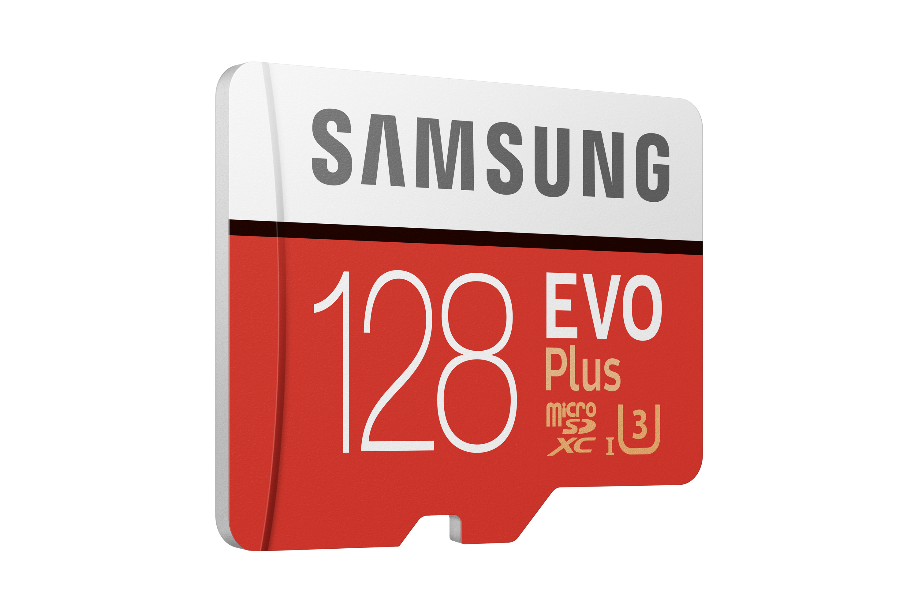 Rote und weiße Samsung 128GB EVO Plus microSD-Karte. Die Karte befindet sich auf weißem Hintergrund.