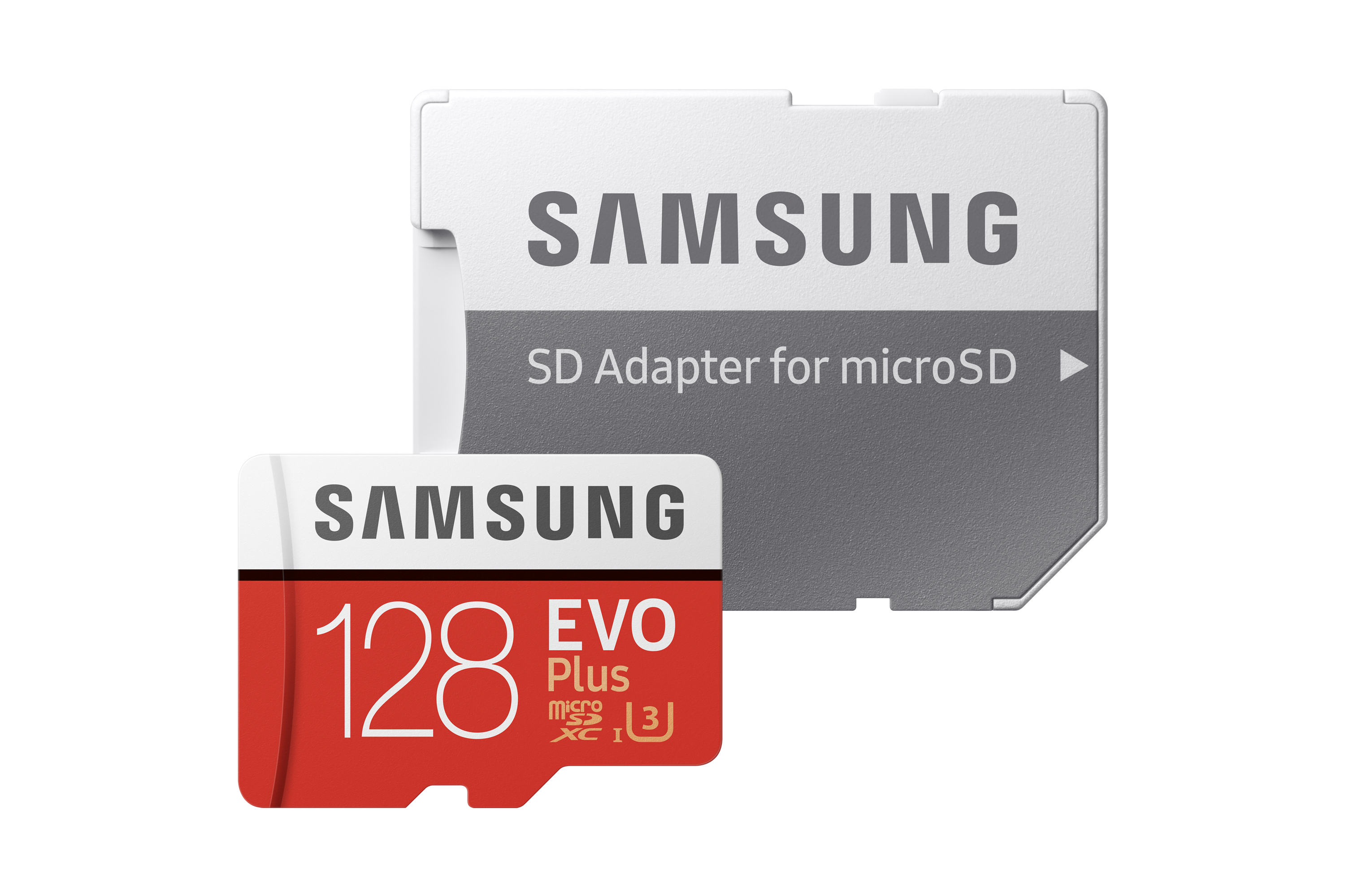 Zwei Samsung SD-Karten: ein großer grauer Adapter und eine kleinere rote 128-GB-microSD-Karte.