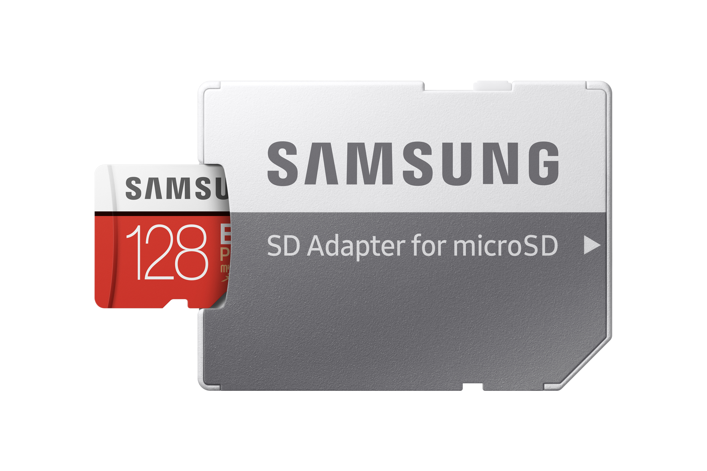 Ein weißer und grauer SD-Kartenadapter mit einer rot-weißen microSD-Karte.