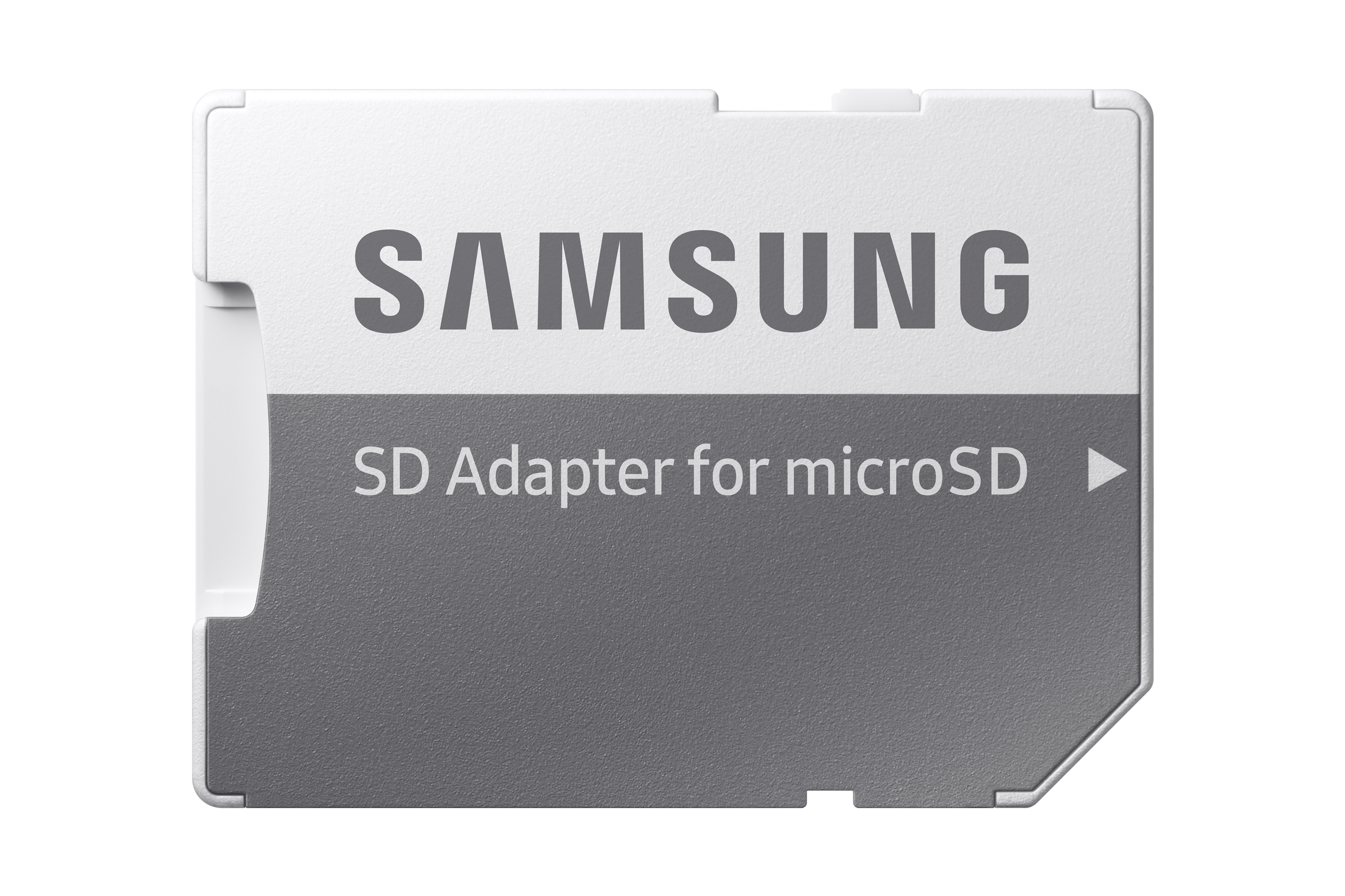 Weiß-grauer Samsung SD-Adapter für microSD-Karte, mit Markennamen auf der Vorderseite.
